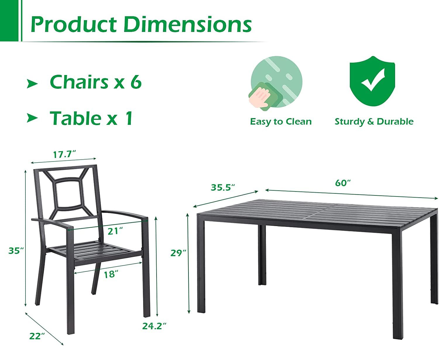 AECOJOY 7-Piece Outdoor Dining Set - Durable Aluminum Patio Table & 6 Stackable Metal Chairs for Garden, Backyard, Deck - Weather-Resistant Matte Black - Perfect for BBQs, Poolside Gatherings & Outdoor Entertaining
