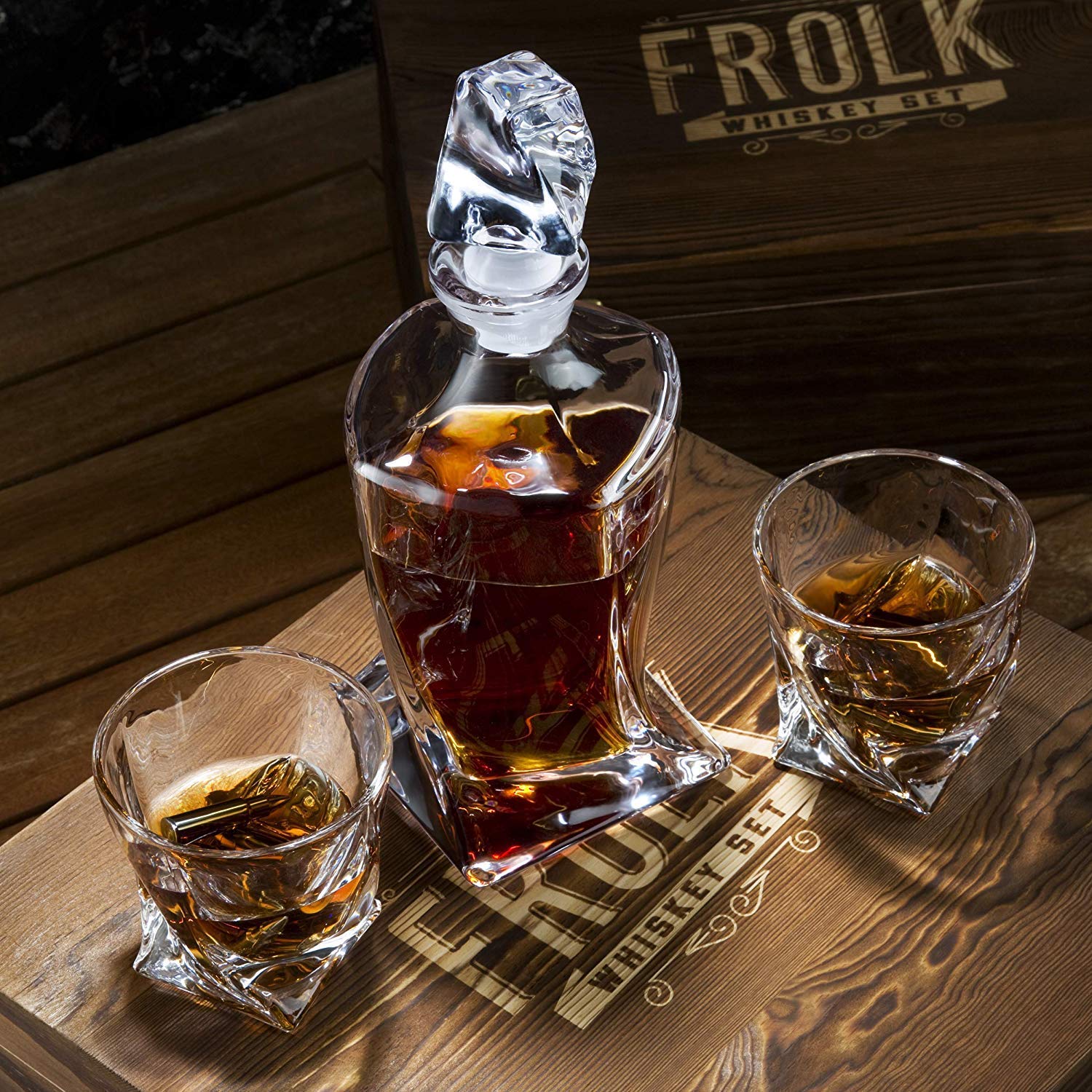Premium Whiskey Decanter Set with 2 Glasses & 10 Stainless Steel Ice Stones - Elegant Wooden Gift Box for Men, Includes 2 Slate Coasters, Tongs & Freezer Pouch - Perfect for Home Bars, Whiskey Tasting & Gifts for Whiskey Lovers