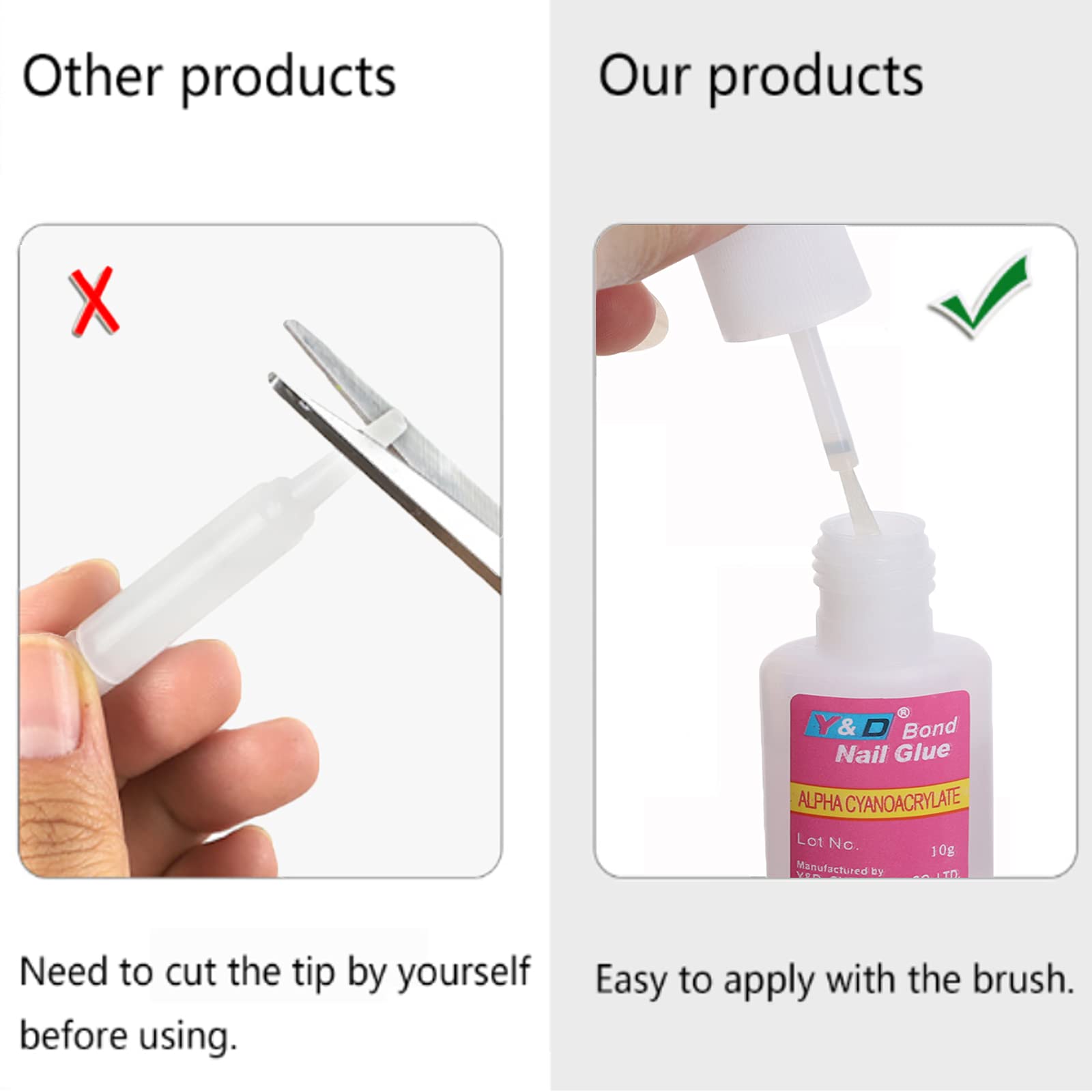 10PCS Brush-On Nail Glue for Acrylic Nail Tips - Long Lasting Super Strong Adhesive (10g Each) - Perfect for Salon, DIY Manicures & Nail Extensions at Home