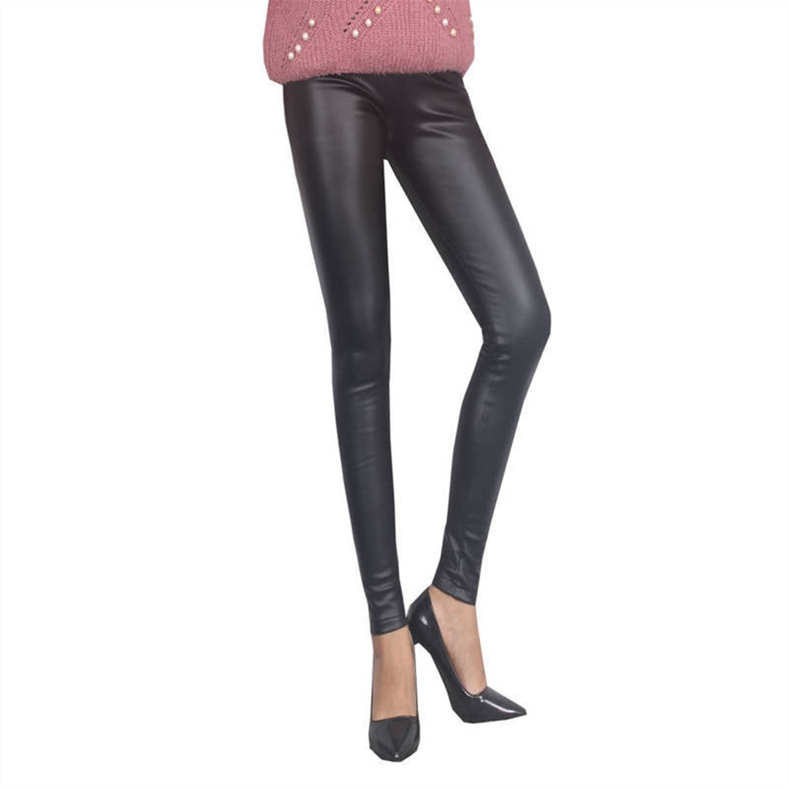 Plus Size Women's High Waist Stretch Velvet & PU Leather Leggings - Skinny Black & White Pencil Pants for Slimming & Comfort | Perfect for Casual Wear, Workout & Fashion Outfits