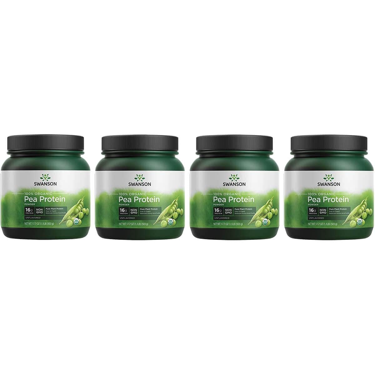 Swanson 100% Certified Organic Pea Protein Powder - Non-GMO, Vegan, Gluten-Free - 1.1 lb (503 g) per Pack (4-Pack Bundle) - Perfect for Smoothies, Baking & Post-Workout Recovery