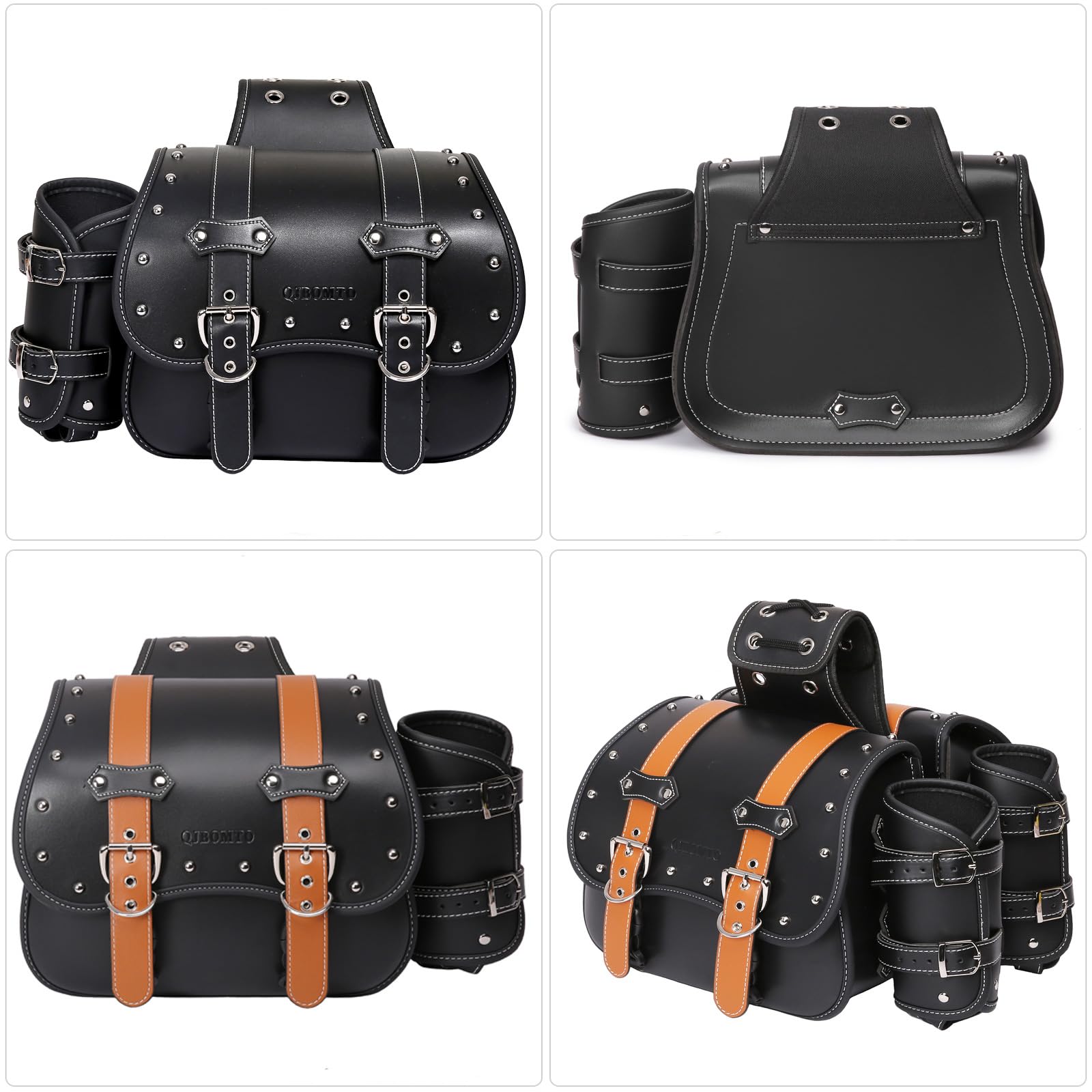 Premium High-Density Leather Motorcycle Saddlebags - Waterproof Throw Over Panniers with Cup Holder & Side Tool Bag (1 Pair, Black) - Universal Fit for Harley, Cruiser & Touring Bikes - Ideal for Road Trips, Commuting & Adventure Riding