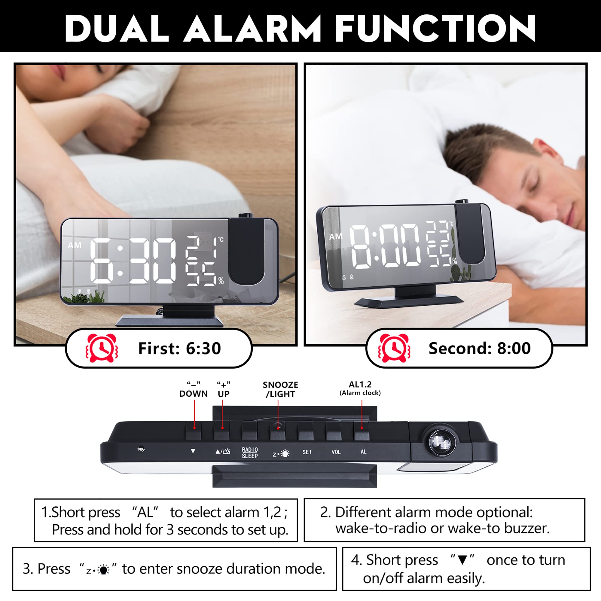 LITEYPP Alarm Clock Radio with 180° Ceiling Projection, Digital Mirror Clock with 7