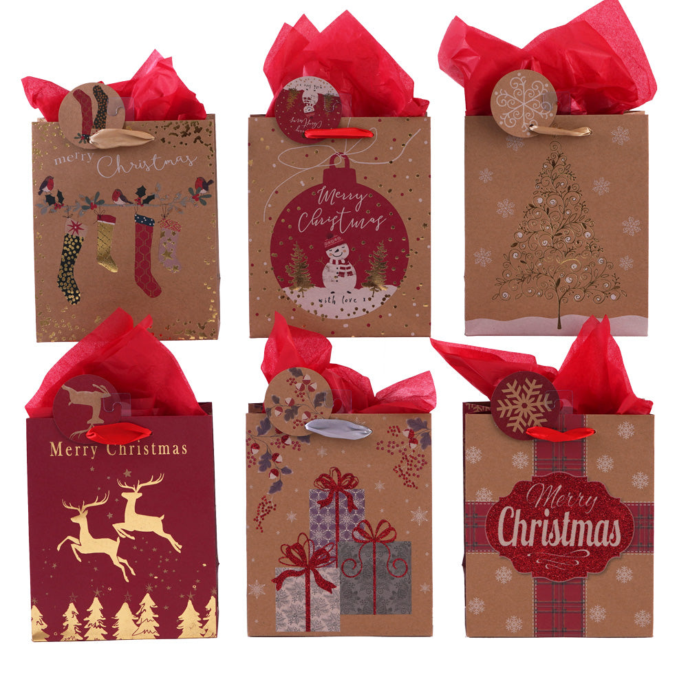 Festive Christmas Glitter Kraft Gift Bags - 6 Unique Holiday Designs for Presents, Party Favors & Stocking Stuffers