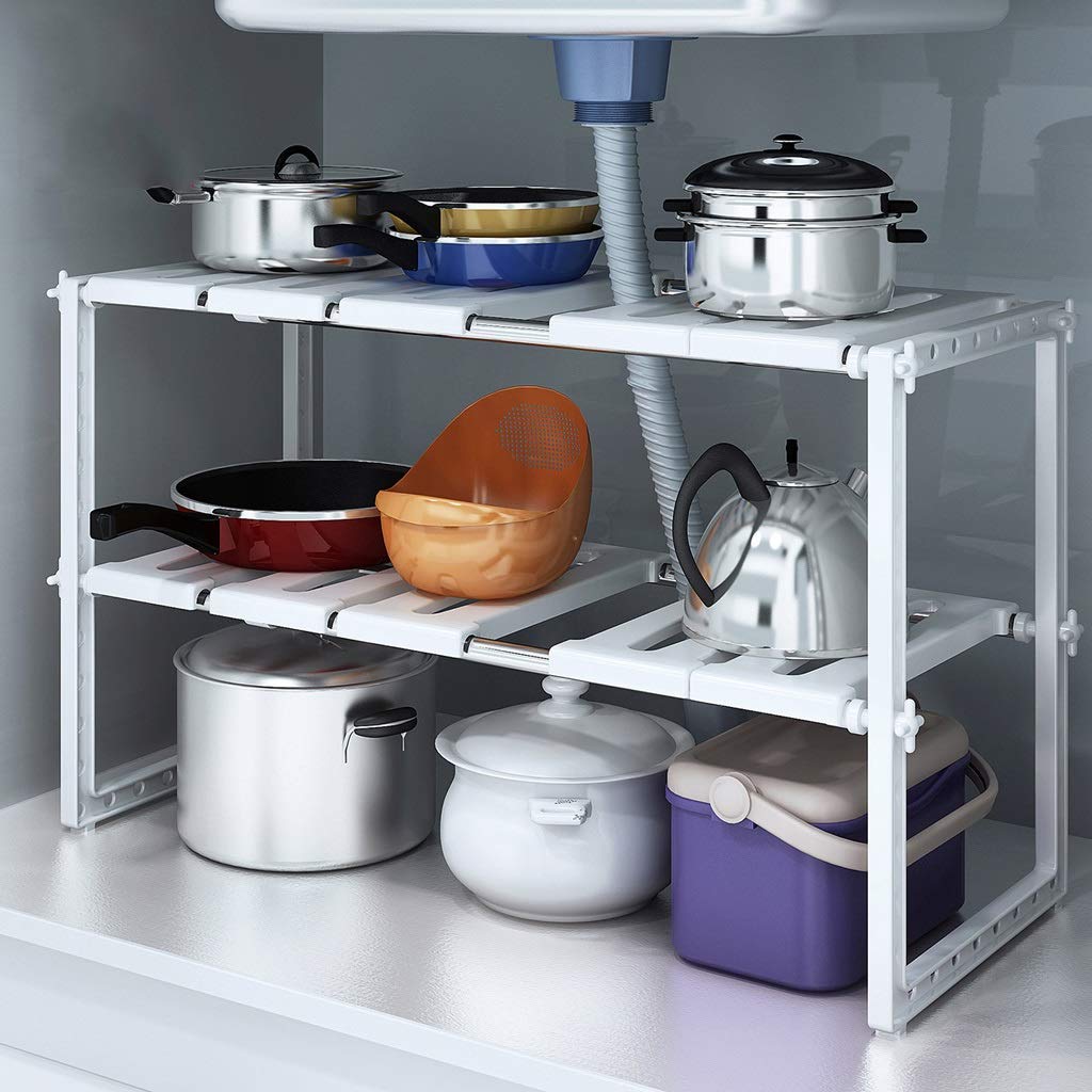 XLAHD Under Sink Shelf - Extendable Stainless Steel & PP Plastic Storage Rack, Adjustable Kitchen Organizer (Ivory White) - Perfect for Mug Holders, Napkin Holders & Maximizing Under-Sink Space