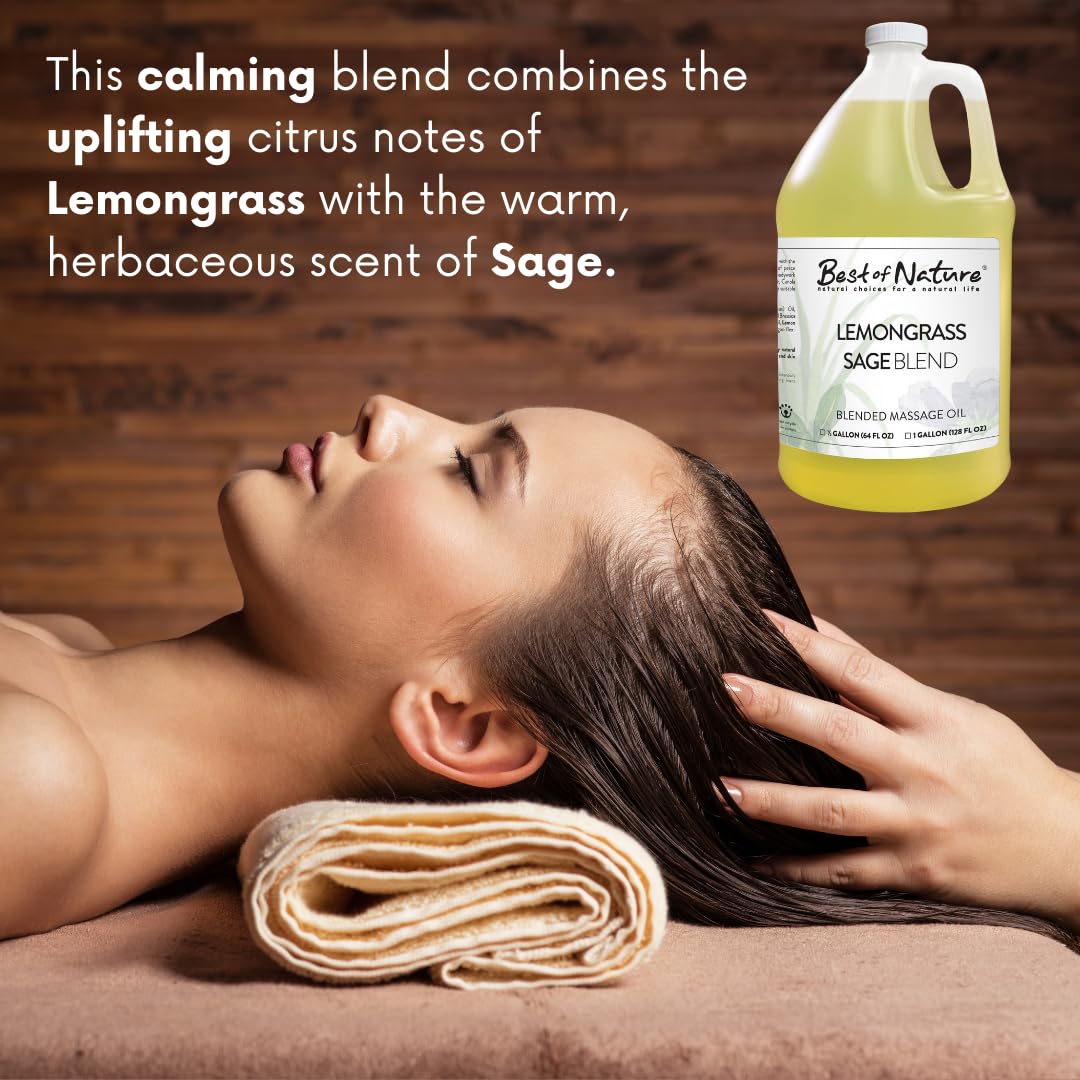 **Best of Nature Lemongrass & Sage Massage Oil – Non-Greasy Aromatherapy Body Oil for Relaxation, Skin & Face Care – Pure Essential Oils, 64 fl oz (Half Gallon) – Perfect for Spa, Yoga & Stress Relief**
