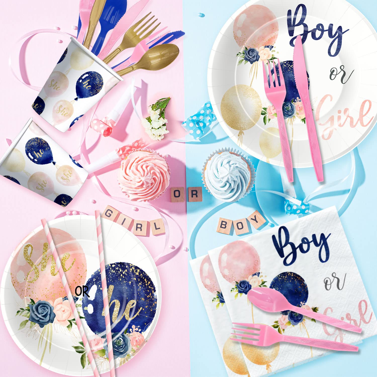 Xigejob Gender Reveal Party Decorations Set - Includes Plates, Cups, Napkins, Tablecloth, Cutlery & Straws for Boy or Girl Baby Shower | 24-Piece Tableware Kit for Gender Announcement Celebrations & Baby Shower Parties