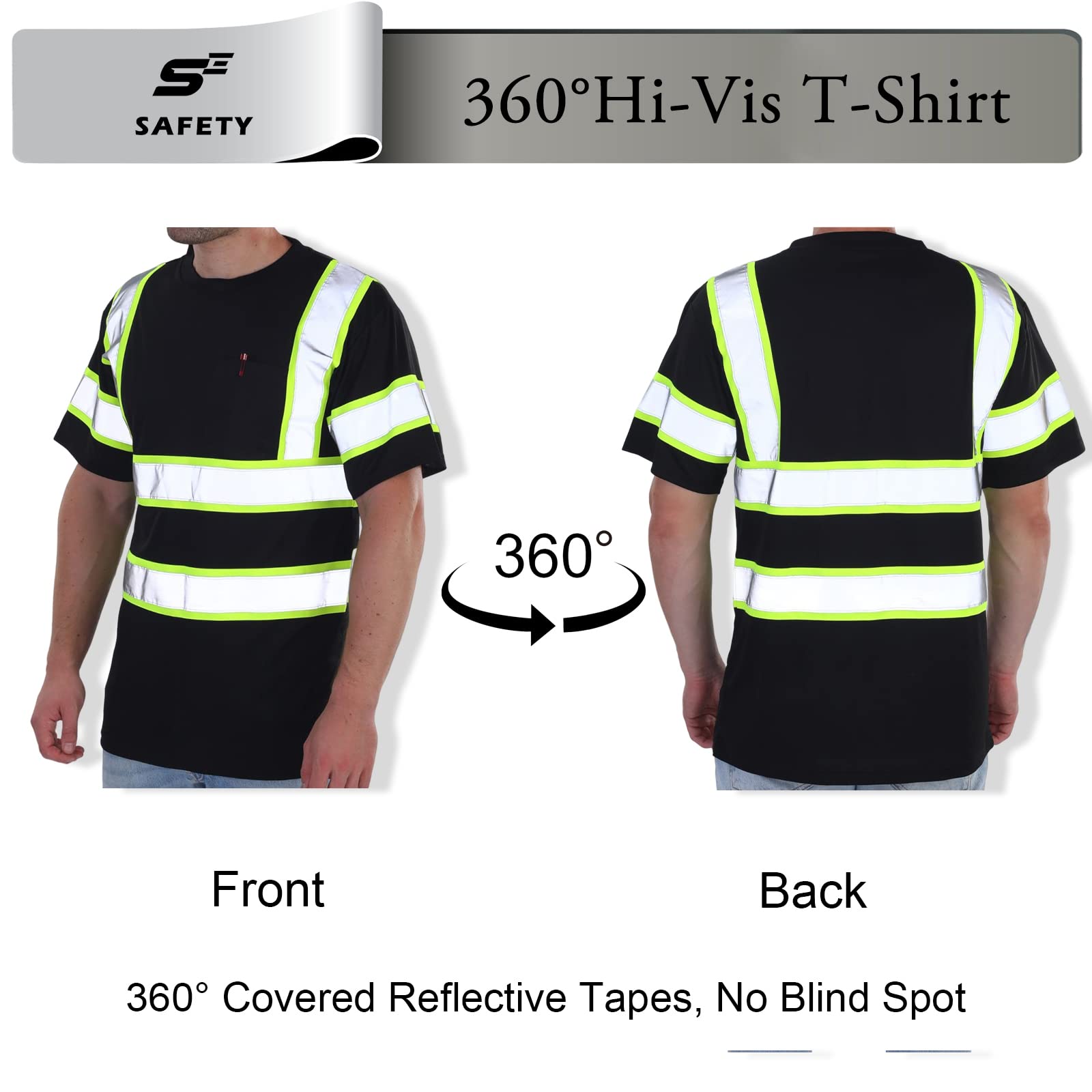 Class 3 High Visibility Safety Shirts for Men - Reflective Construction Work Shirts with Pocket, Short Sleeve Black & Yellow Stripe - XL | Ideal for Road Construction, Night Work & Hazardous Job Sites