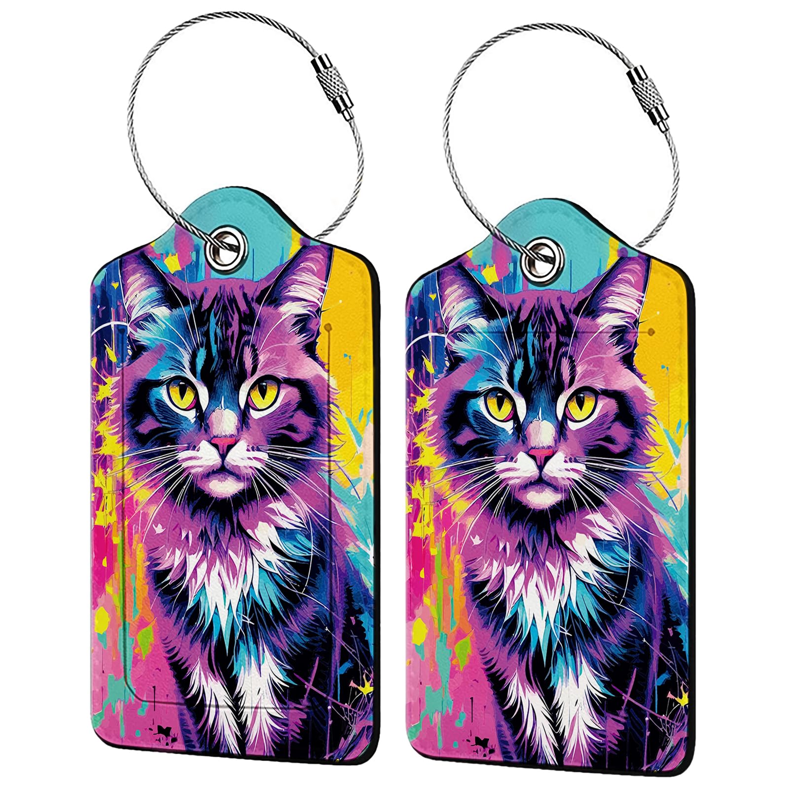 Colorful Cat 2 Pack Leather Luggage Tags for Suitcases - Cute Unique Bag Identifiers with Privacy Cover & Steel Loop for Women, Men, Kids - Perfect for Travel, Vacation & Airport Identification