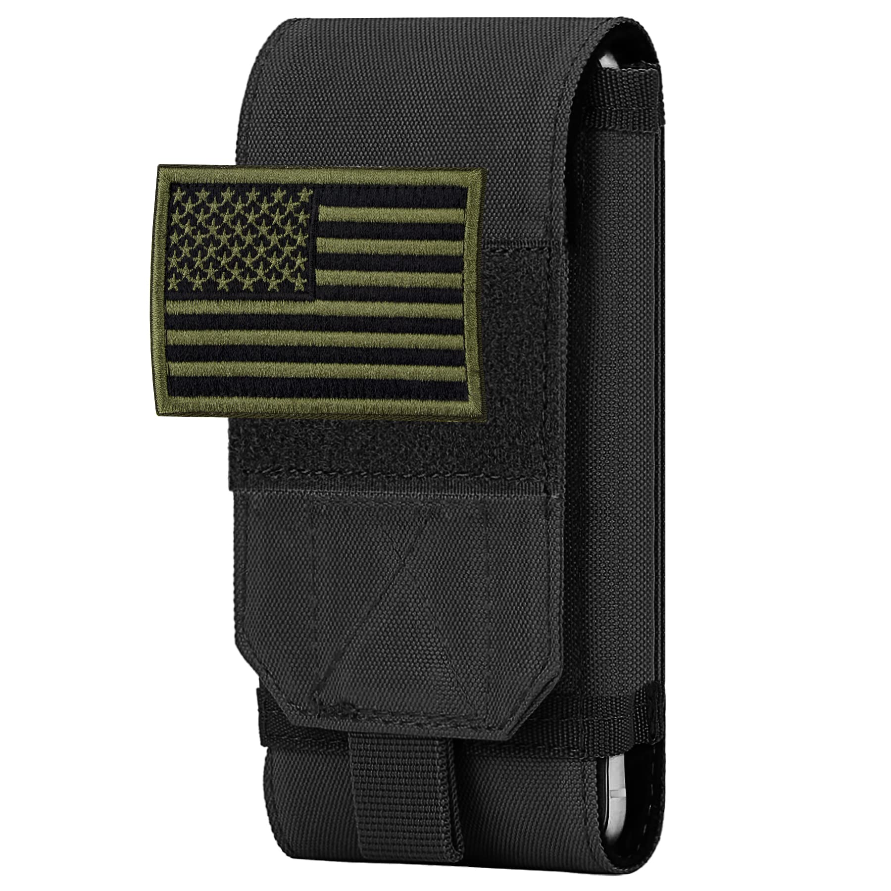 IronSeals Tactical MOLLE Phone Case - Heavy Duty Belt Loop Holster Pouch with American Flag Patch for iPhone 16/16 Pro/16 Plus/16 Pro Max/15 Pro Max/14 Pro Max/13 Pro Max/12 Pro Max & Galaxy S24 Ultra - Military Grade Phone Holder for Outdoor, Hiking, Camping & Tactical Use