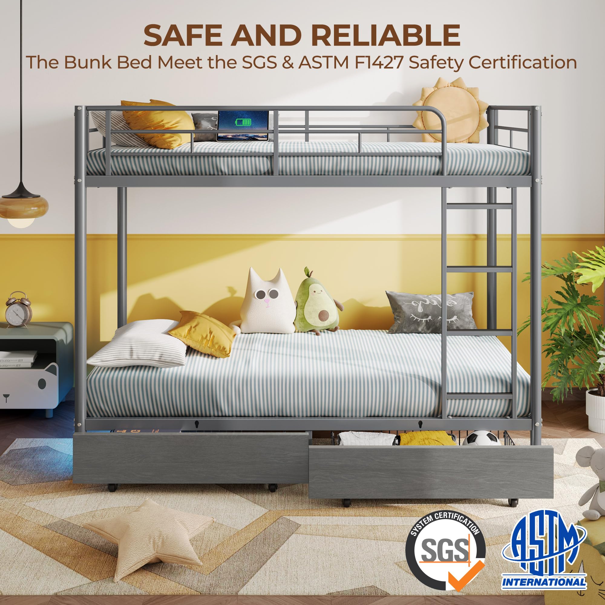 Rolanstar Twin Over Twin Metal Bunk Bed with USB Charging Ports, LED Lights & 2 Storage Drawers - Sturdy Safety Guardrail & Ladders, No Box Spring Required, Easy Assembly, Grey - Perfect for Kids' Bedrooms, Dorm Rooms & Space-Saving Home Solutions
