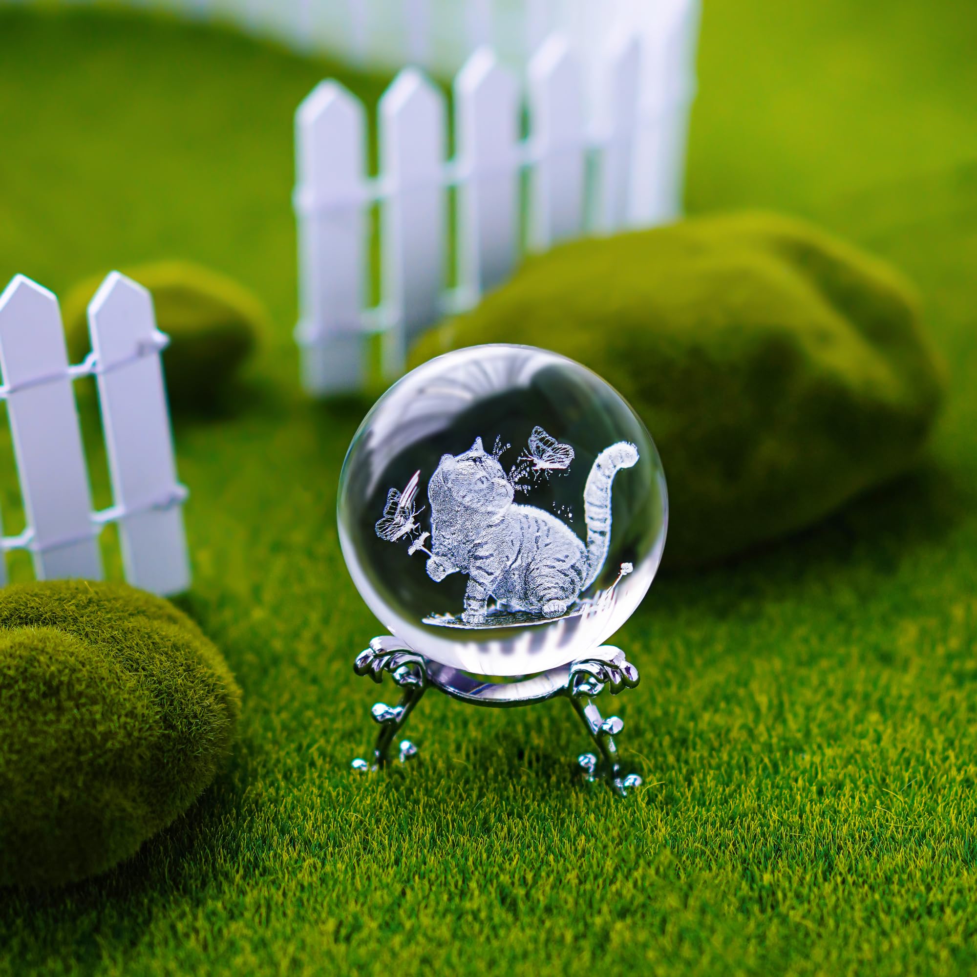 3D Crystal Cat Ball with Laser Engraved Butterflies - Glass Paperweight with Stand - Unique Home Decor & Gift for Cat Lovers - Perfect for Desk Decor, Feng Shui, and Cat-Themed Party Favors