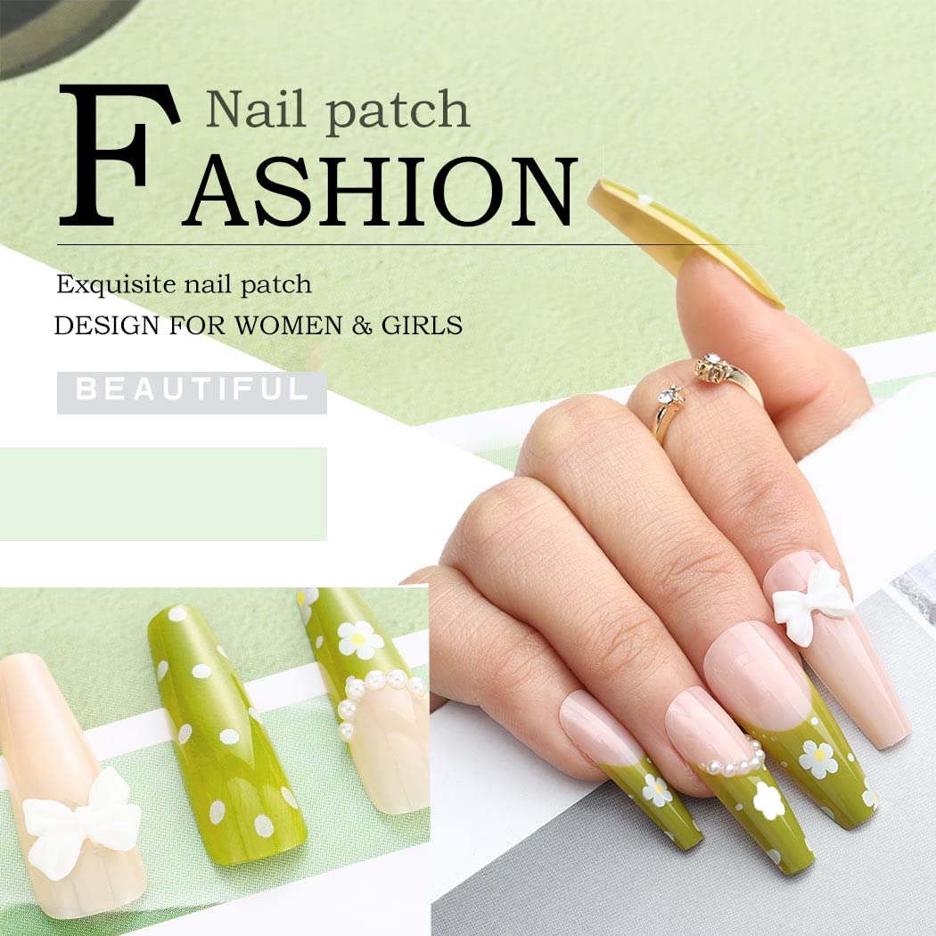 Glossy Green Press on Nails Long Coffin Shape with Cute Flower & Bowknot Design - 24Pcs Full Cover False Nails Set for Women & Girls | French Ballerina Style (B) | Perfect for Parties, Weddings & Special Occasions