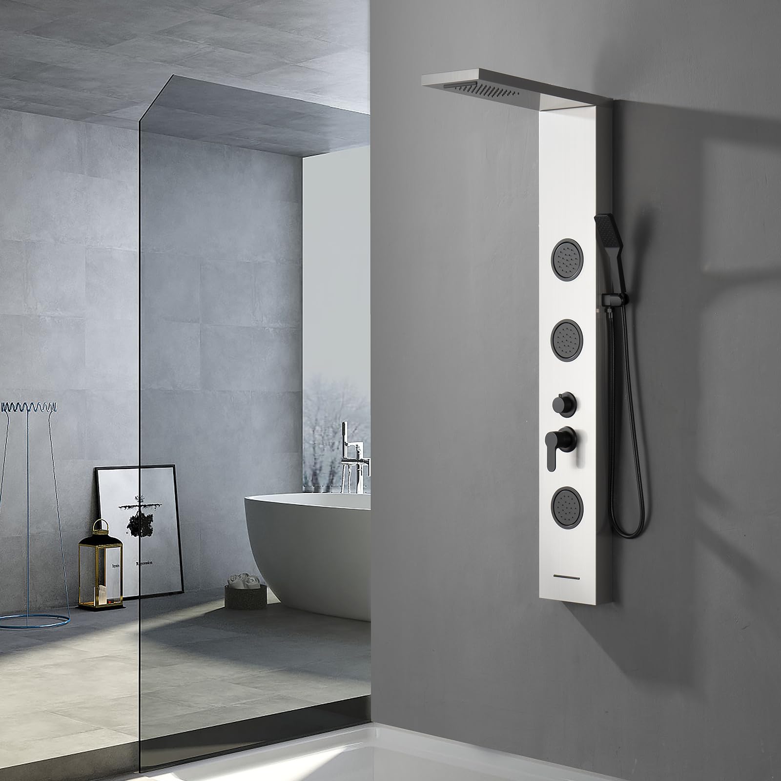Premium Stainless Steel Shower Panel Tower System with Rainfall Shower Head, 3 Body Jets, Handheld Shower Wand & Tub Spout - Multi-Function Brushed Nickel Shower Tower for Luxury Bathroom Spa Experience