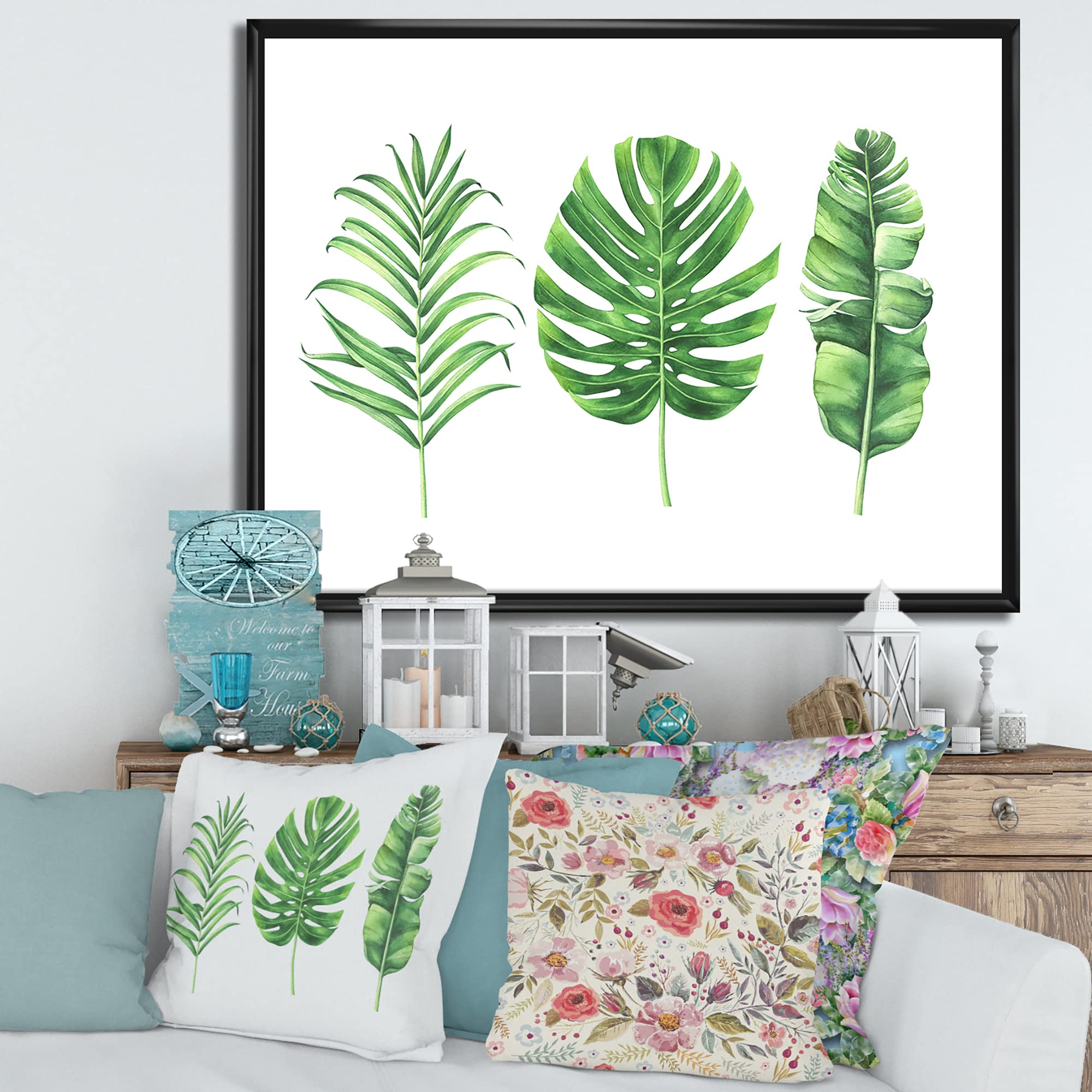 Farmhouse Tropical Monstera Leaf Framed Canvas Wall Art Print - Botanical Home Decor for Living Room, Bedroom & Office