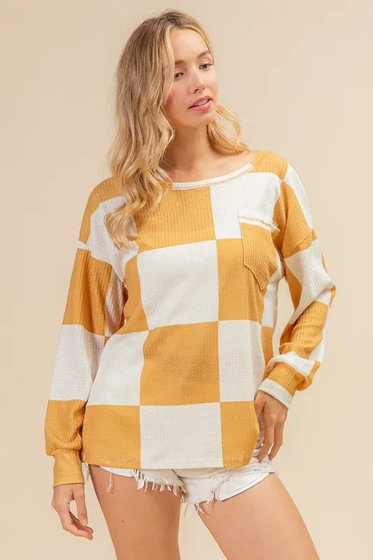BiBi Checker Printed Hacci Knit Top with Front Pocket - Stylish Casual Wear for Women | Perfect for Everyday Outfits, Office & Weekend Outings