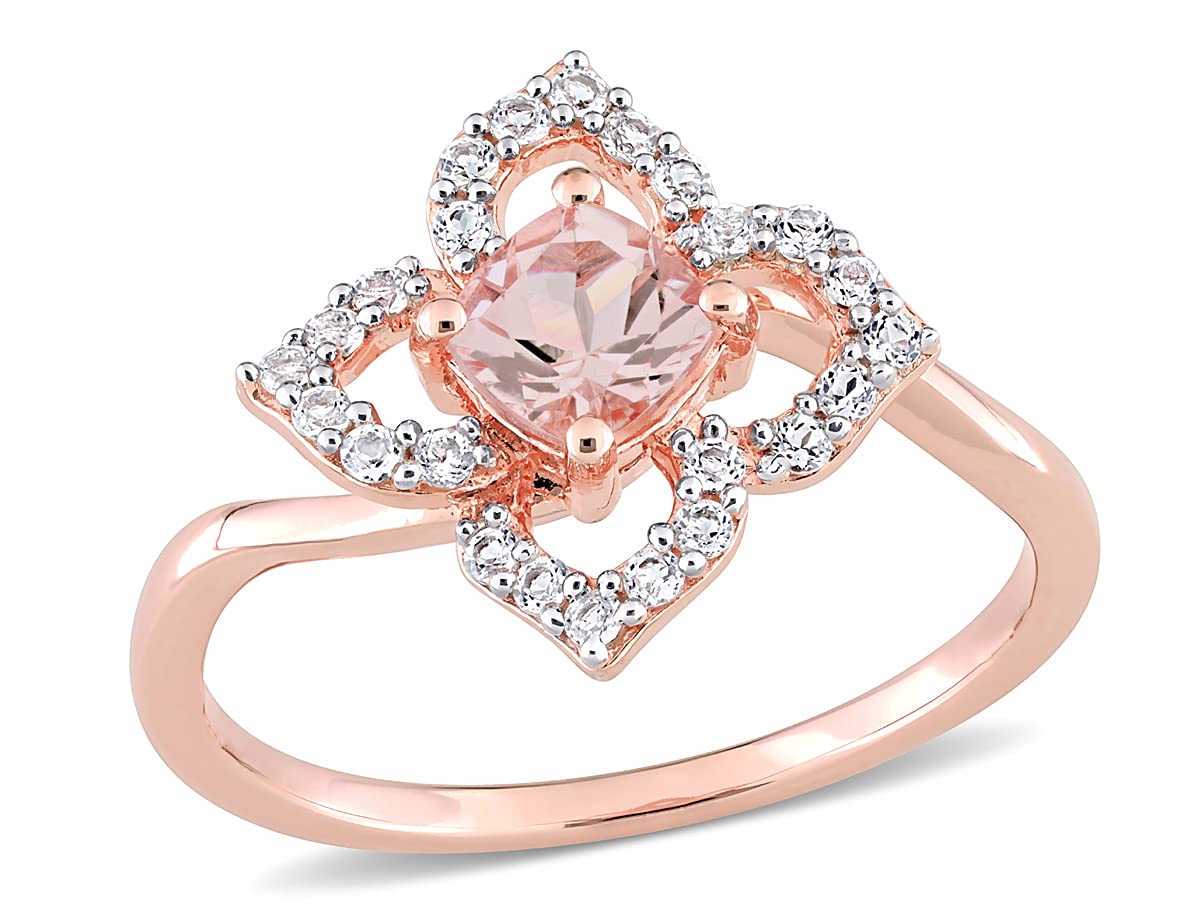 0.4/0.5 Carat Morganite & White Topaz Floral Ring in Rose Gold Plated Sterling Silver - Perfect for Engagement, Anniversary & Valentine's Day Gifts