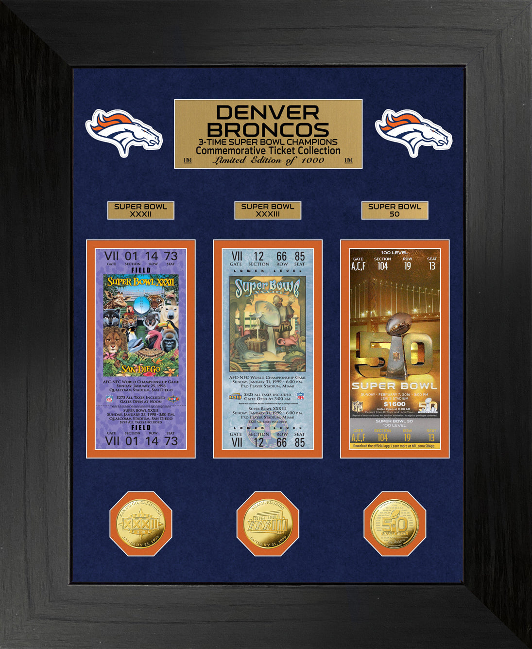 Denver Broncos 3-Time Super Bowl Champions Commemorative Gold Coin & Ticket Collection Set - Perfect for NFL Fans, Sports Memorabilia Collectors, and Broncos Supporters
