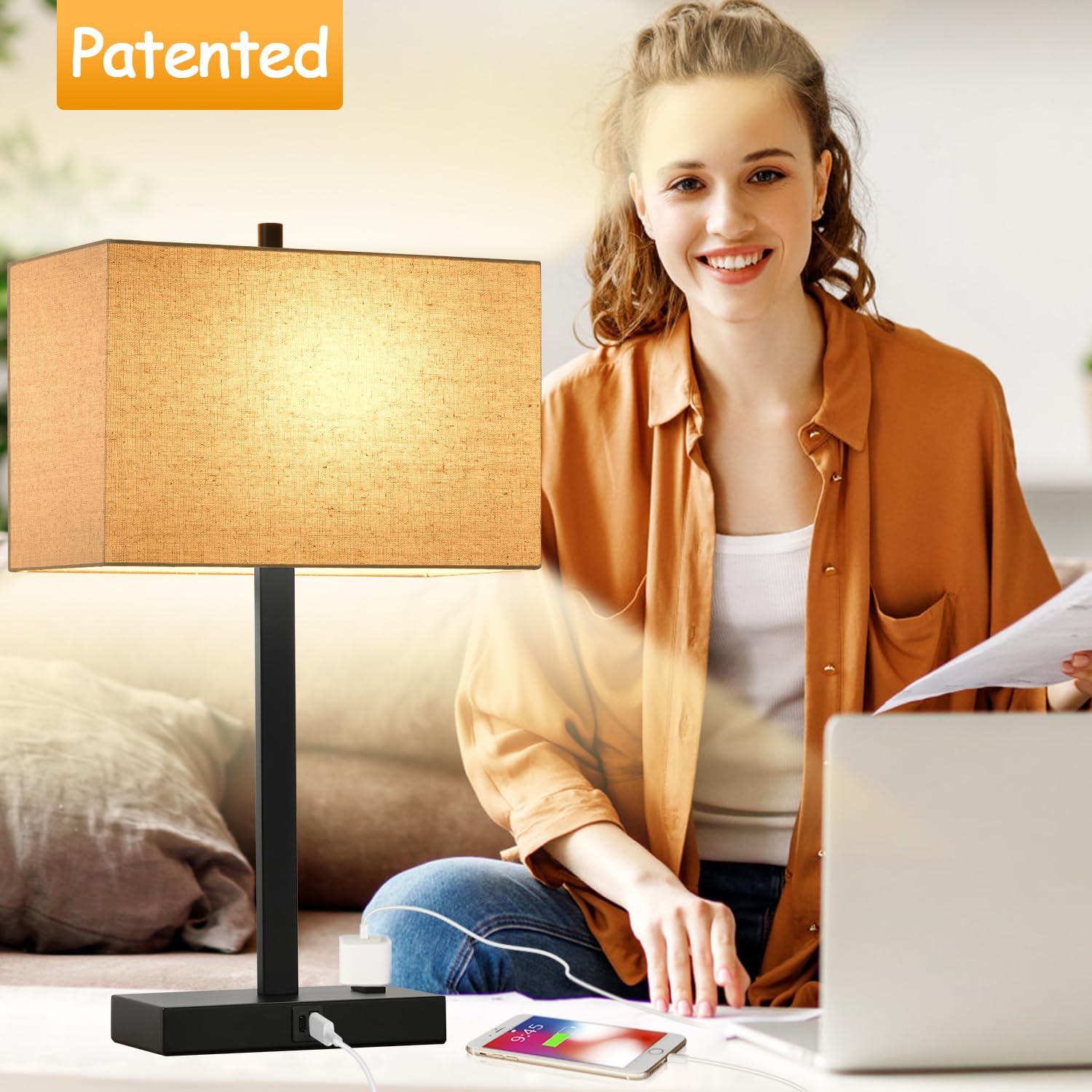 Upgraded Set of 2 Touch Control Bedside Lamps with USB A+C Charging Ports & AC Outlet - 3-Way Dimmable Nightstand Lamps with Fabric Shade, 2700K Warm White LED Bulbs Included - Perfect for Bedroom, Living Room & Office Lighting