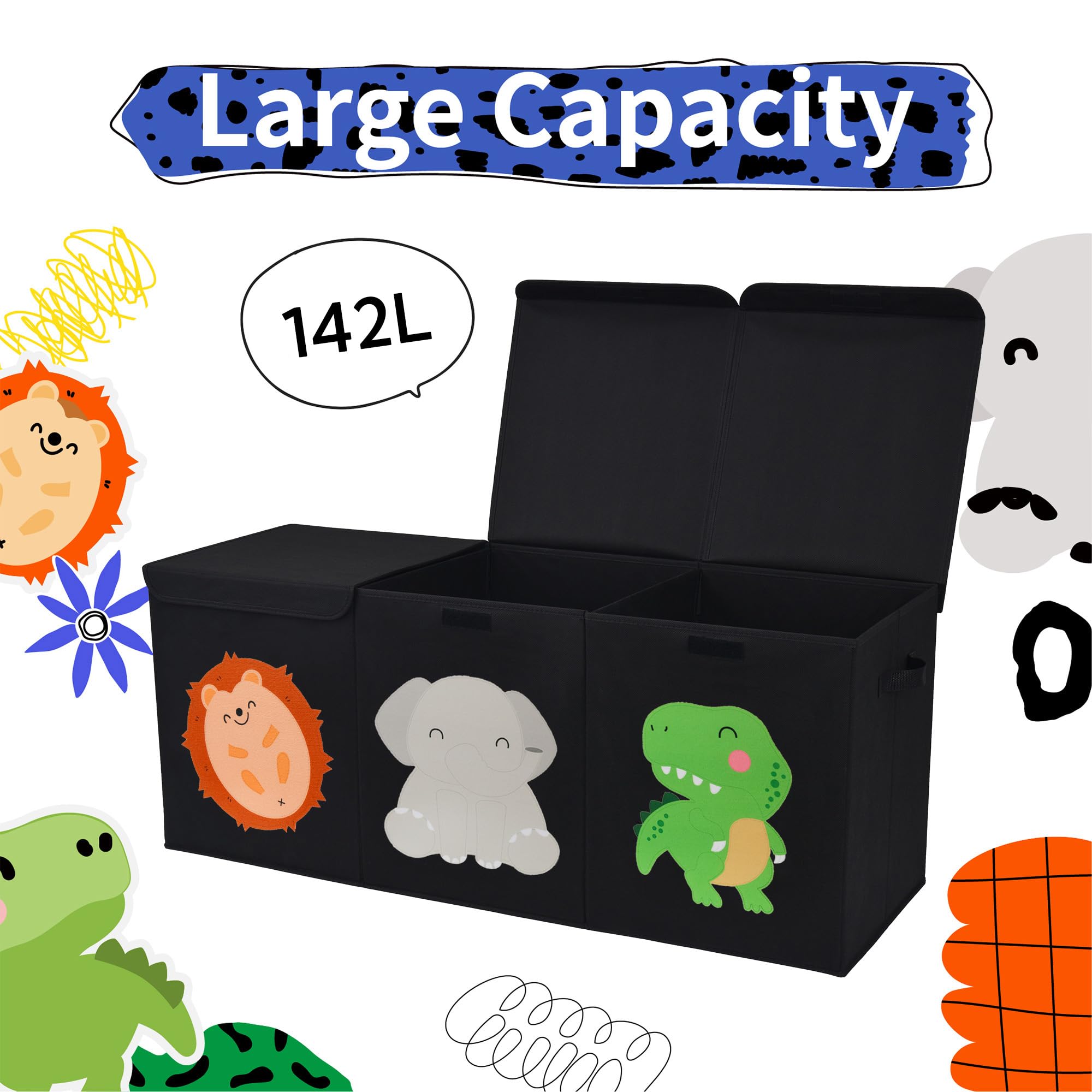 GRANNY SAYS Extra Large Foldable Toy Storage Organizer with Lids & Handles - 142L Kids Toy Box with Dividers for Nursery, Playroom & Closet - Perfect for Organizing Stuffed Animals, Legos & Kids Toys (Black)