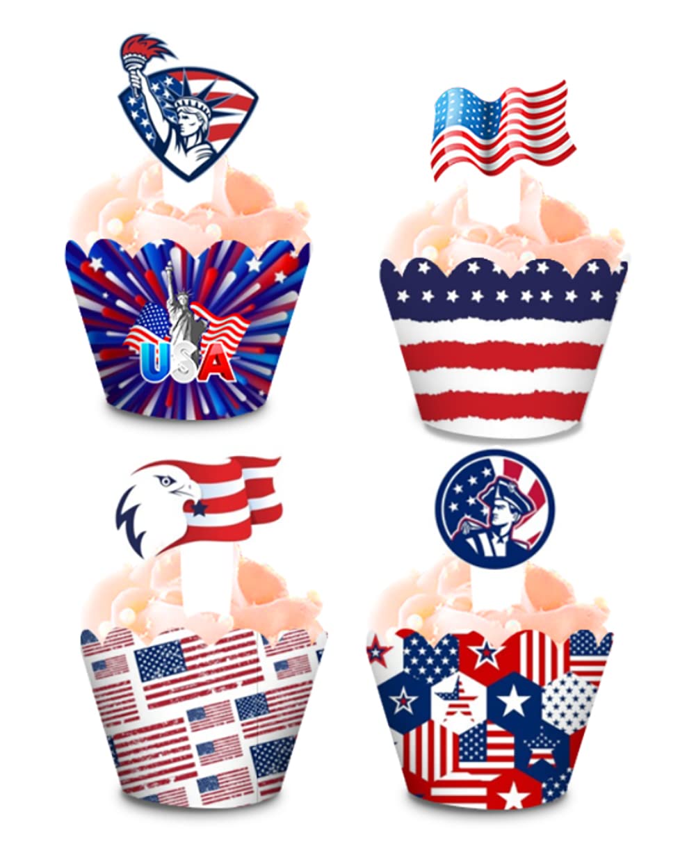 48pcs Patriotic American Flag Cupcake Toppers & Wrappers - USA Independence Day Party Decorations for 4th of July, Memorial Day & Veterans Day Celebrations