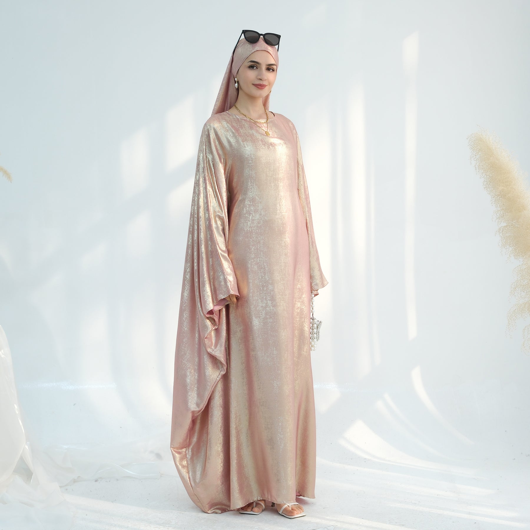 Linora Shimmer Butterfly Abaya Peach - Elegant Islamic Prayer Dress for Women | Perfect for Eid, Ramadan & Special Occasions