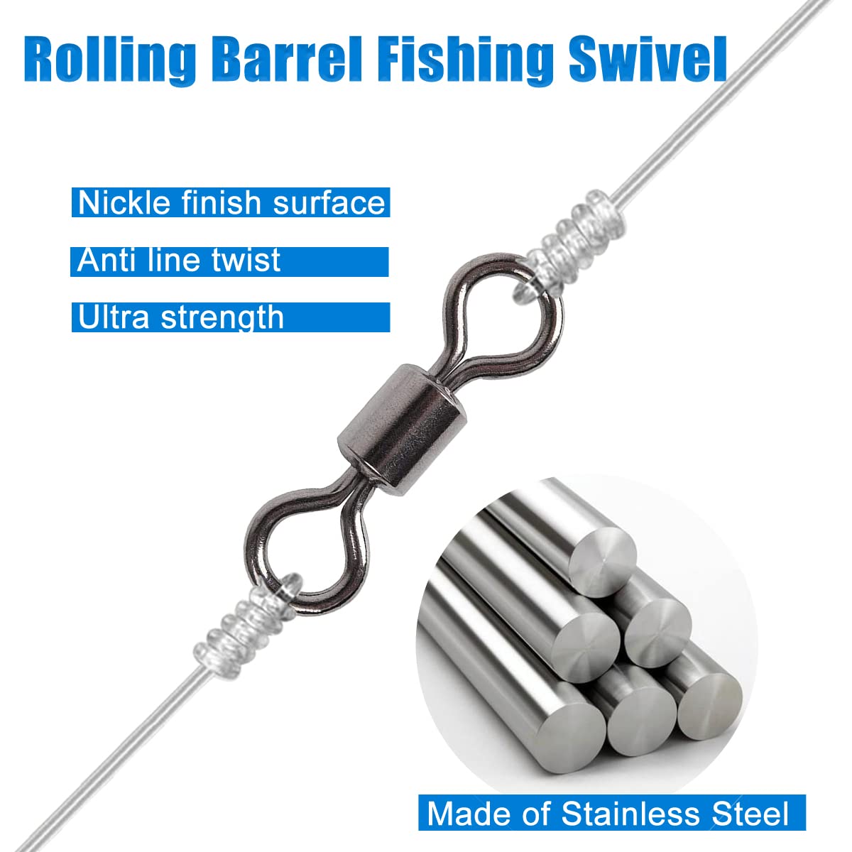 **50/300pcs Stainless Steel Rolling Barrel Fishing Swivels – High Strength Saltwater & Freshwater Fishing Tackle – Black Nickel Hook Line Connector for Bass, Trout & Offshore Fishing**