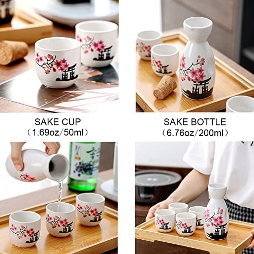 5 Pcs Traditional Japanese Sake Set - Hand Painted Porcelain Sake Cups & Ceramic Pottery (Pink Flower Design, 200ml) - Perfect for Japanese Dining, Sake Tasting, and Home Bar Decor