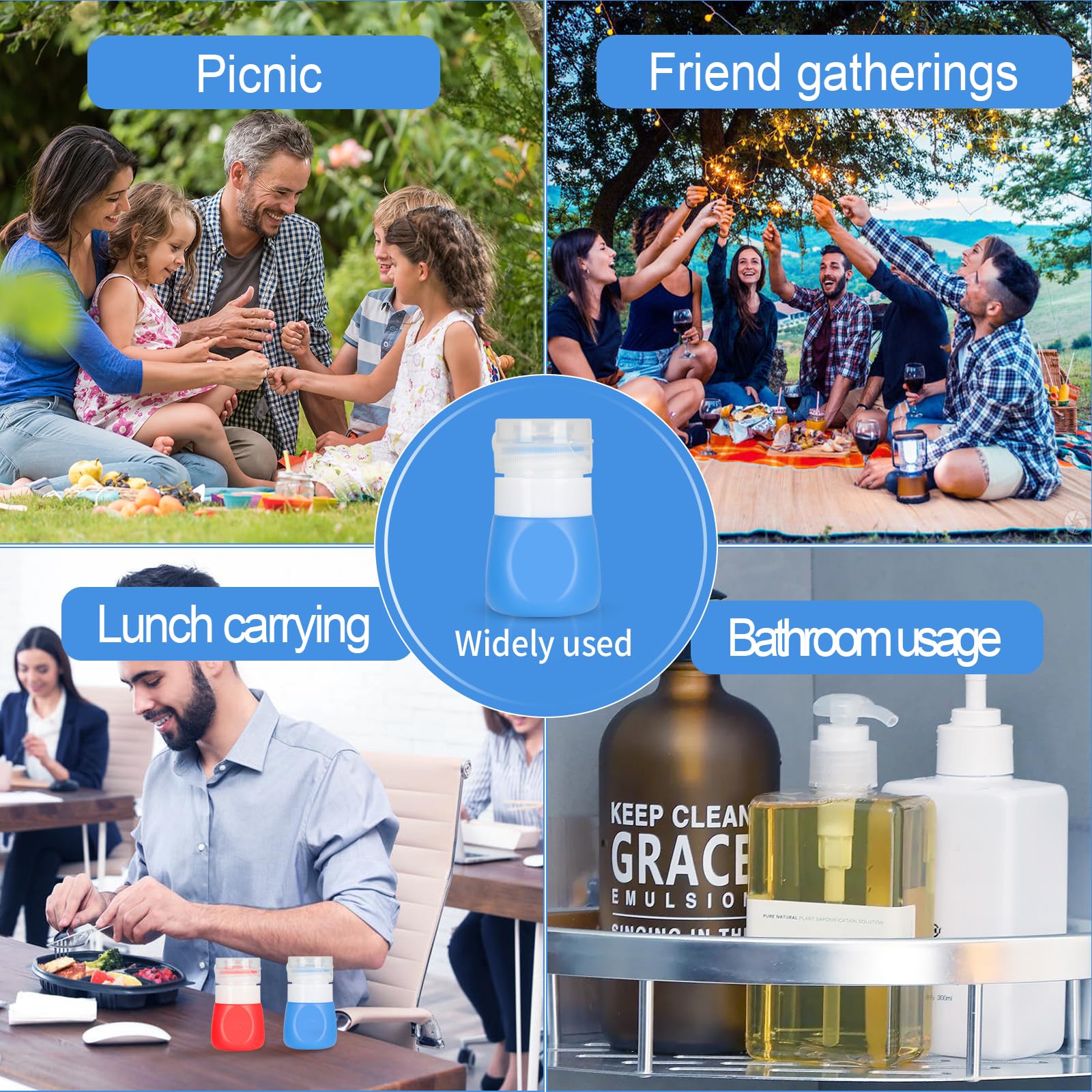 Portable 2oz Silicone Salad Dressing Bottles (Set of 4) - BPA Free for Lunch & Picnics