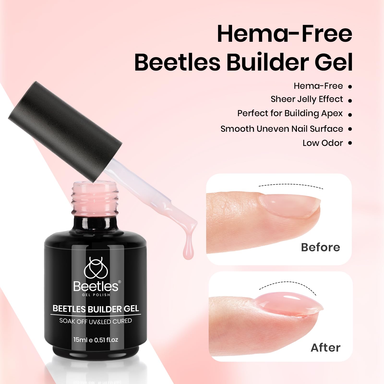 Beetles HEMA-Free Pink Builder Gel Kit - No Wipe Top Coat, Base Coat & Nail Strengthener for Long-Lasting Shine | Soak Off LED Gel for Nail Extensions, Thickening & Repair | Perfect for Salon Professionals & DIY Nail Art at Home