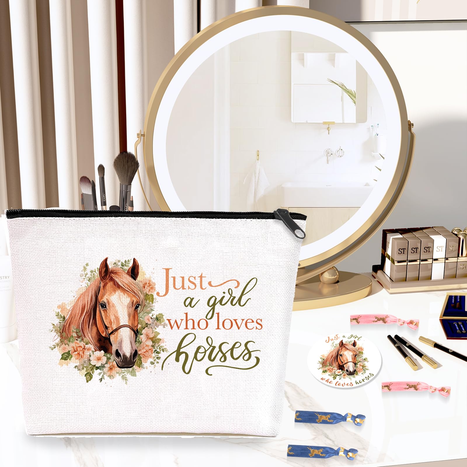 Equestrian Gifts Set - Travel Makeup Bag, Cute Horse Socks, Hair Ties & Mini Mirror - Perfect for Valentine's Day, Anniversary & Birthday Presents for Women & Girls - Great for Equestrian Enthusiasts, Horseback Riding & Farm Life Accessories