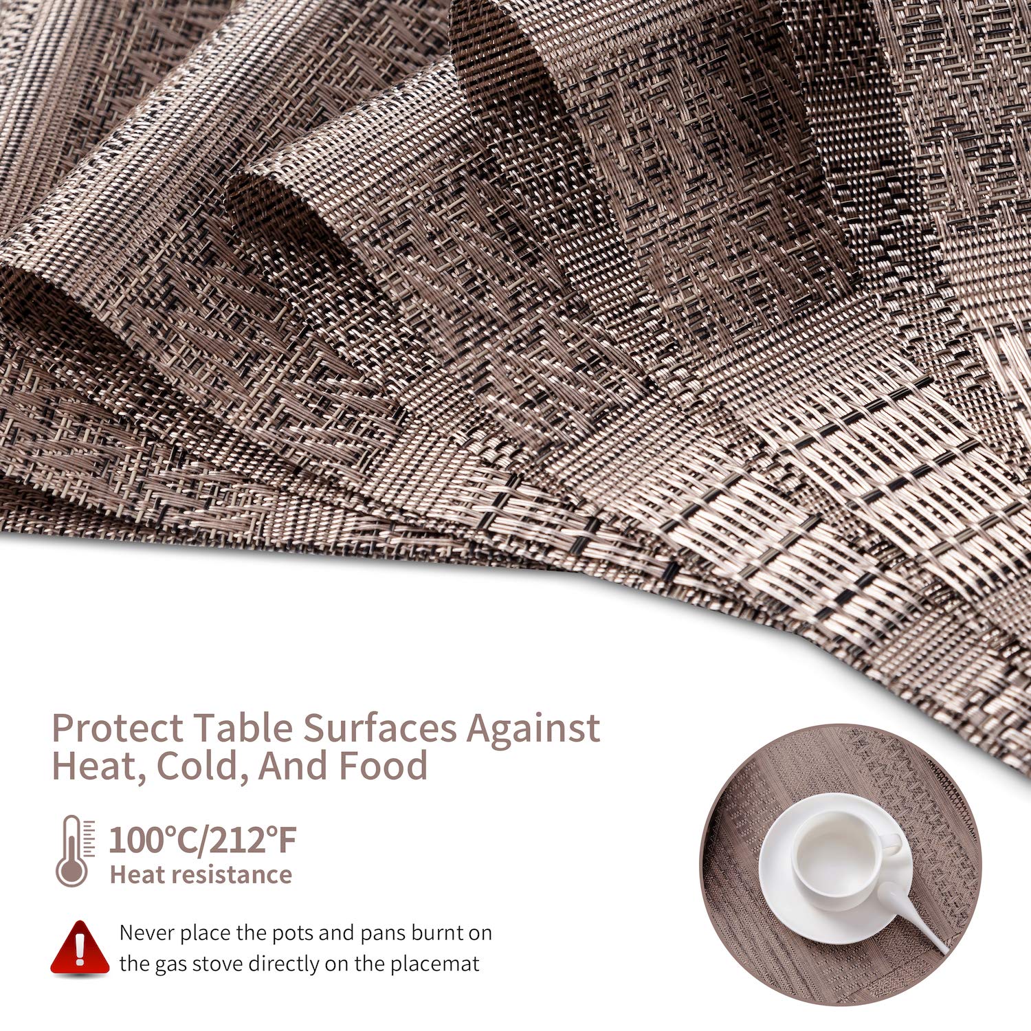 Premium Heat-Resistant & Stain-Resistant PVC Placemats Set of 6 - Non-Slip Woven Vinyl Table Mats for Kitchen Dining, Washable & Durable Brown Placemats - Perfect for Everyday Meals, Dinner Parties & Holiday Gatherings