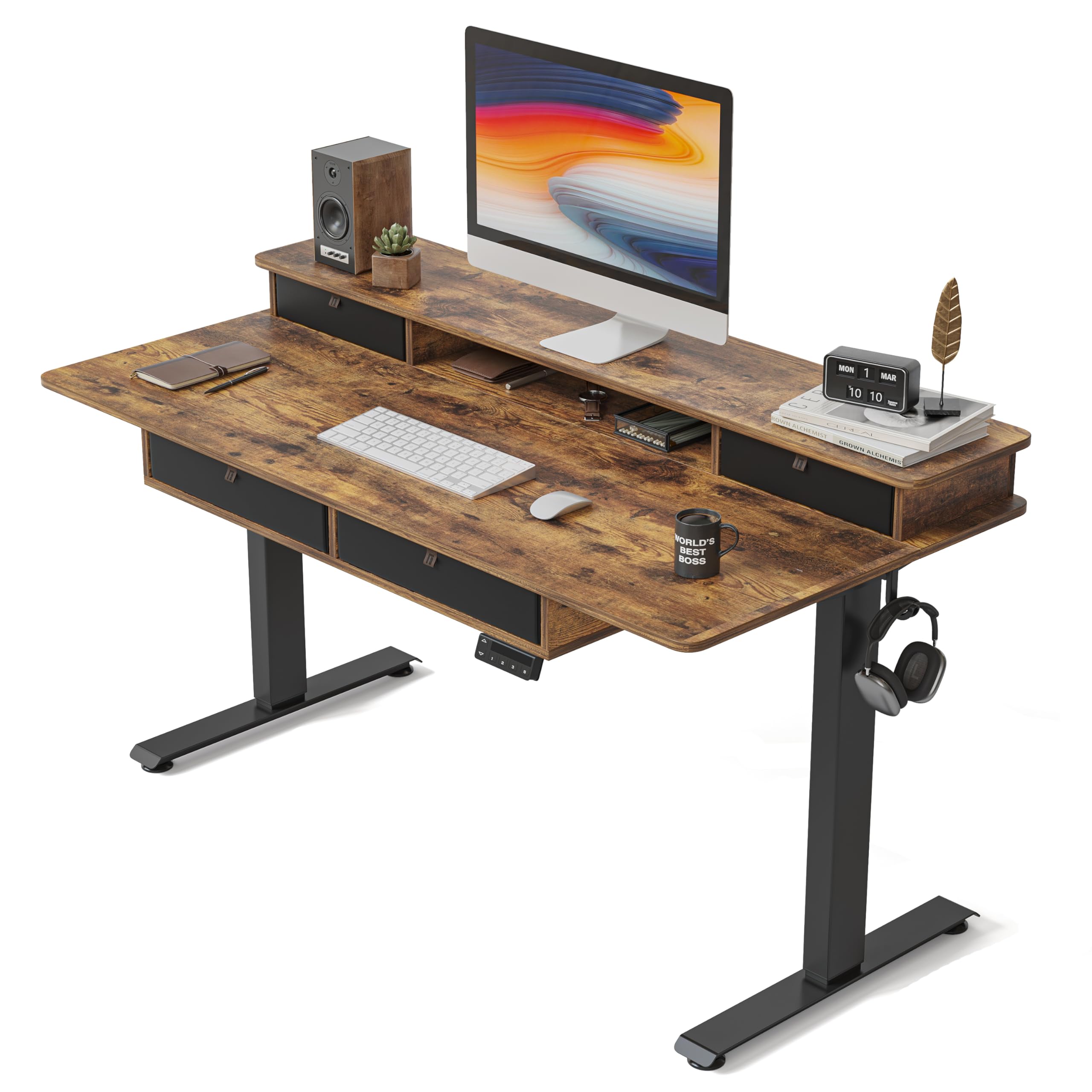 FEZIBO 48 x 24 Inch Electric Height Adjustable Standing Desk with 4 Drawers & Storage Shelf | Sit Stand Workstation with Splice Board | Black Frame & Rustic Brown Top | Perfect for Home Office, Gaming & Workspace Ergonomics