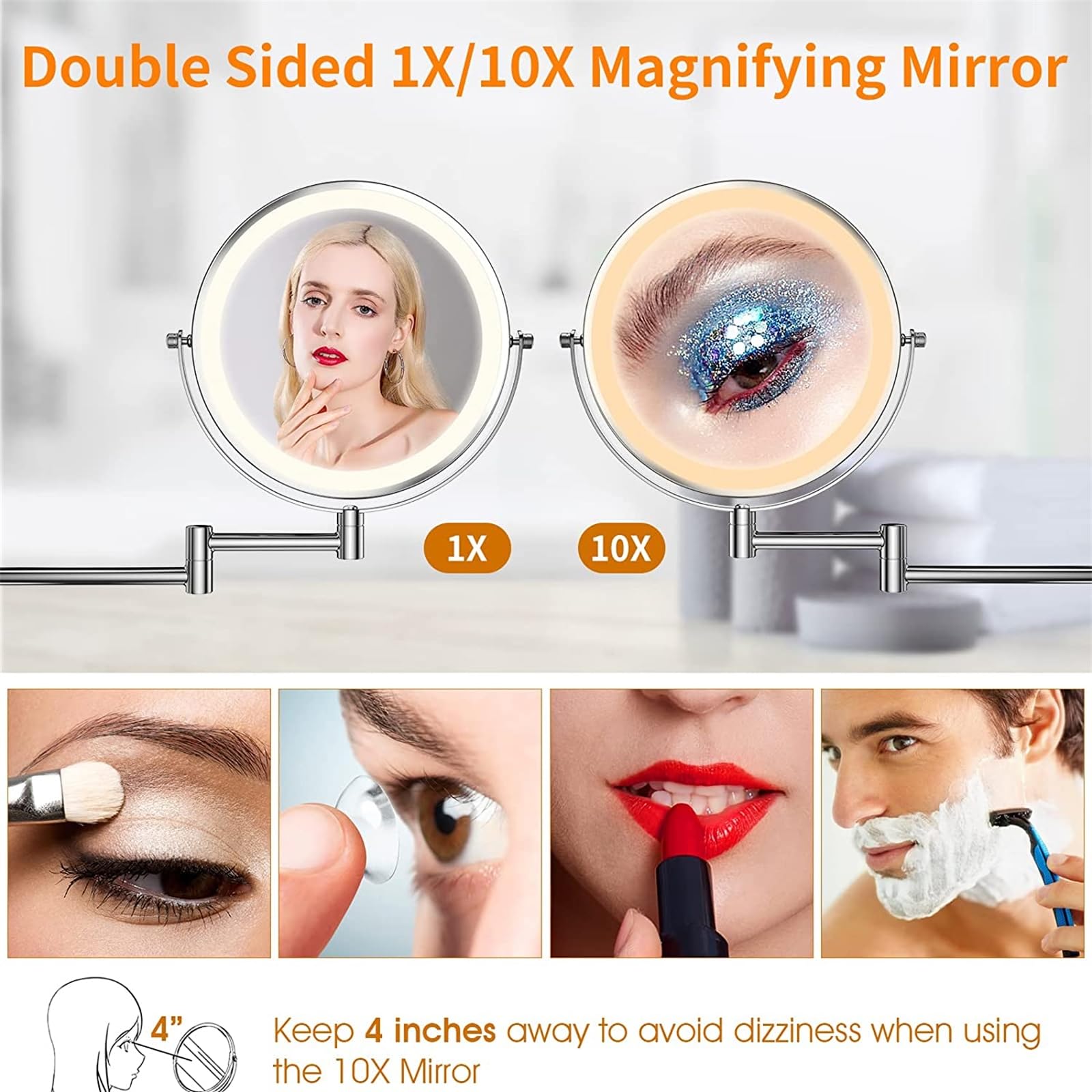 8 Inch Wall Mounted Double Sided 1X/10X Magnifying Makeup Mirror with LED Lights & Infrared Sensor - 360° Swivel Extendable Vanity Mirror for Bathroom, Shaving, Cosmetics Application | HD Black Hardwired Mirror for Perfect Grooming & Makeup
