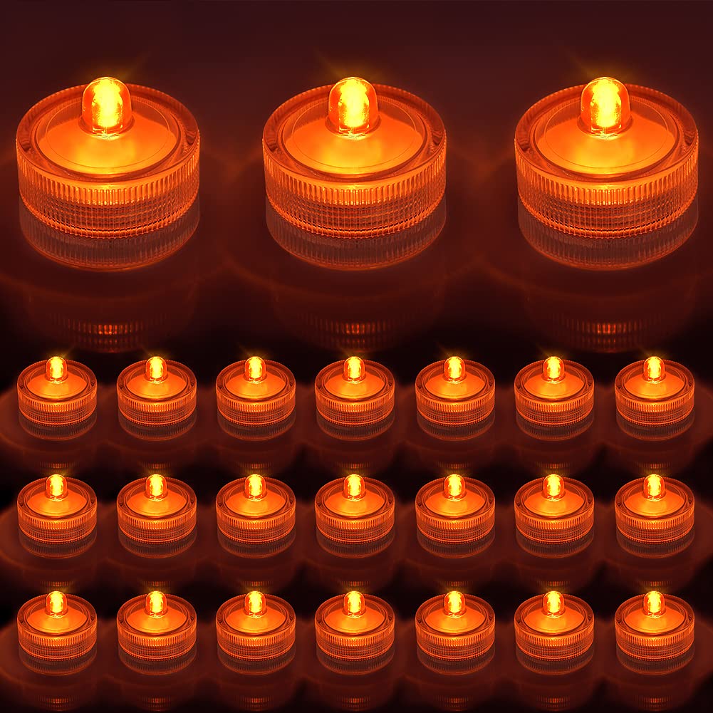 24pcs Submersible LED Tea Lights - Waterproof Mini Underwater Lights for Glass Vases, Aquariums, Fountains | Perfect for Wedding Centerpieces, Party Decor, Shower Crafts & Home Decoration | Orange Floating Candle Effect