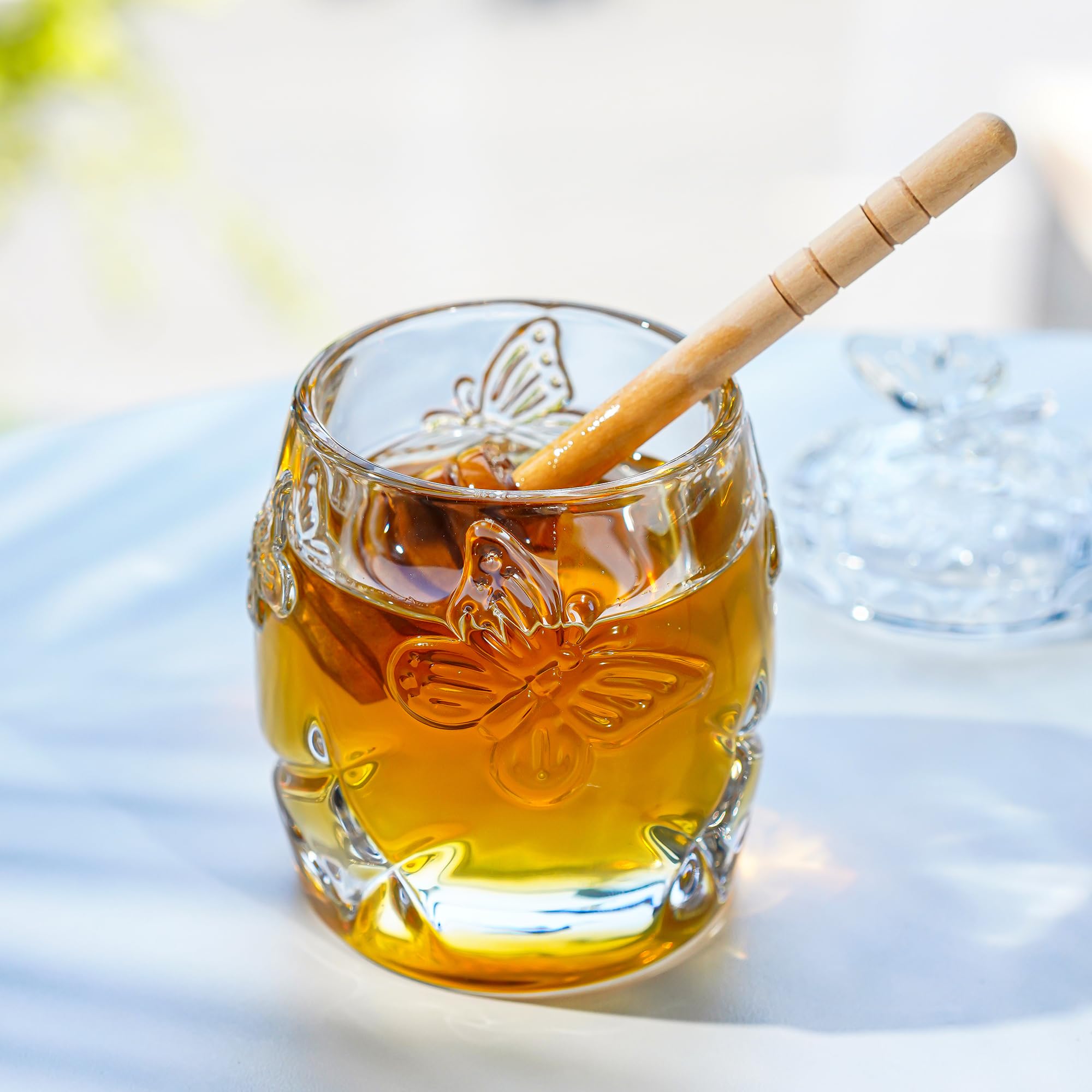 Premium Clear Crystal Honey Jar with Dipper & Lid - 4.5oz Glass Honey Pot for Home Kitchen - Perfect for Tea, Coffee, Breakfast & Gift Giving