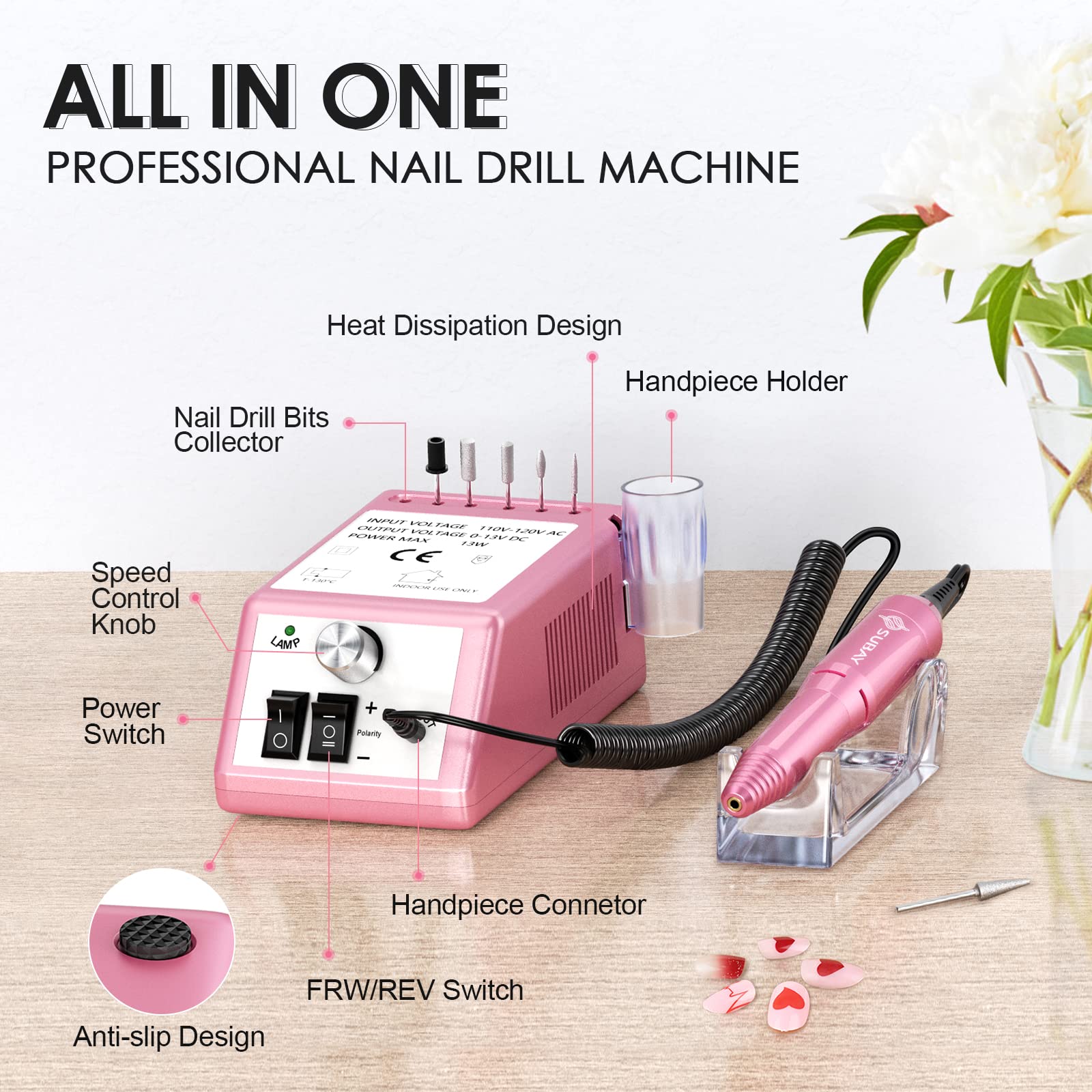 Professional Electric Nail Drill Kit for Manicure & Pedicure - Rechargeable Nail File Machine with 6 Sanding Bands & LED Light, Perfect for Home Salon & Nail Art (Pink) - Ideal for DIY Nail Care, Gel Polish Removal & Professional Nail Shaping