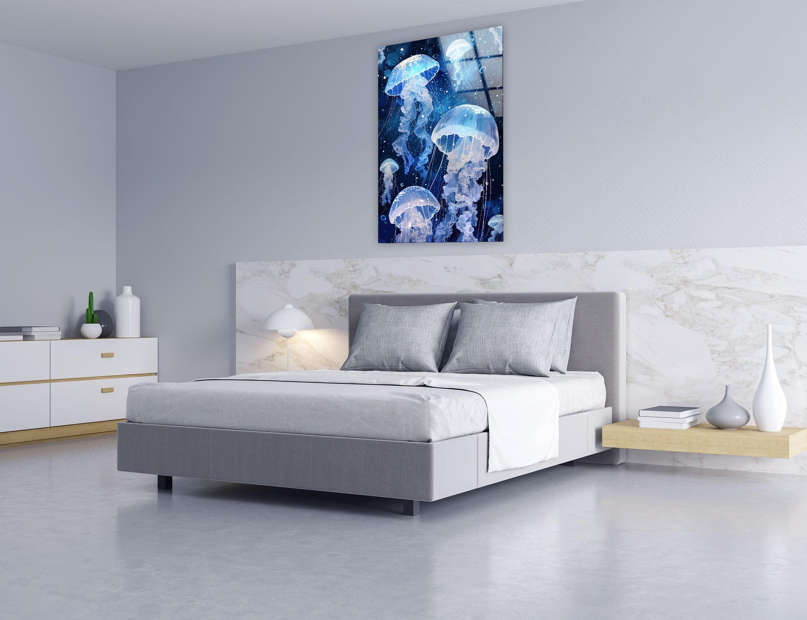 Arctic Jellyfish Glass Wall Art - Handmade Ocean-Themed Home Decor for Living Room, Bedroom & Office - Unique Sea Creature Wall Hanging for Coastal & Modern Interior Design