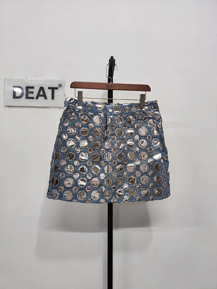 DEAT Women's High Waist Denim Mini Skirt with Sequin Patchwork - Summer Fashion Wrap Skirt in Blue | Perfect for Casual Outings, Parties & Street Style