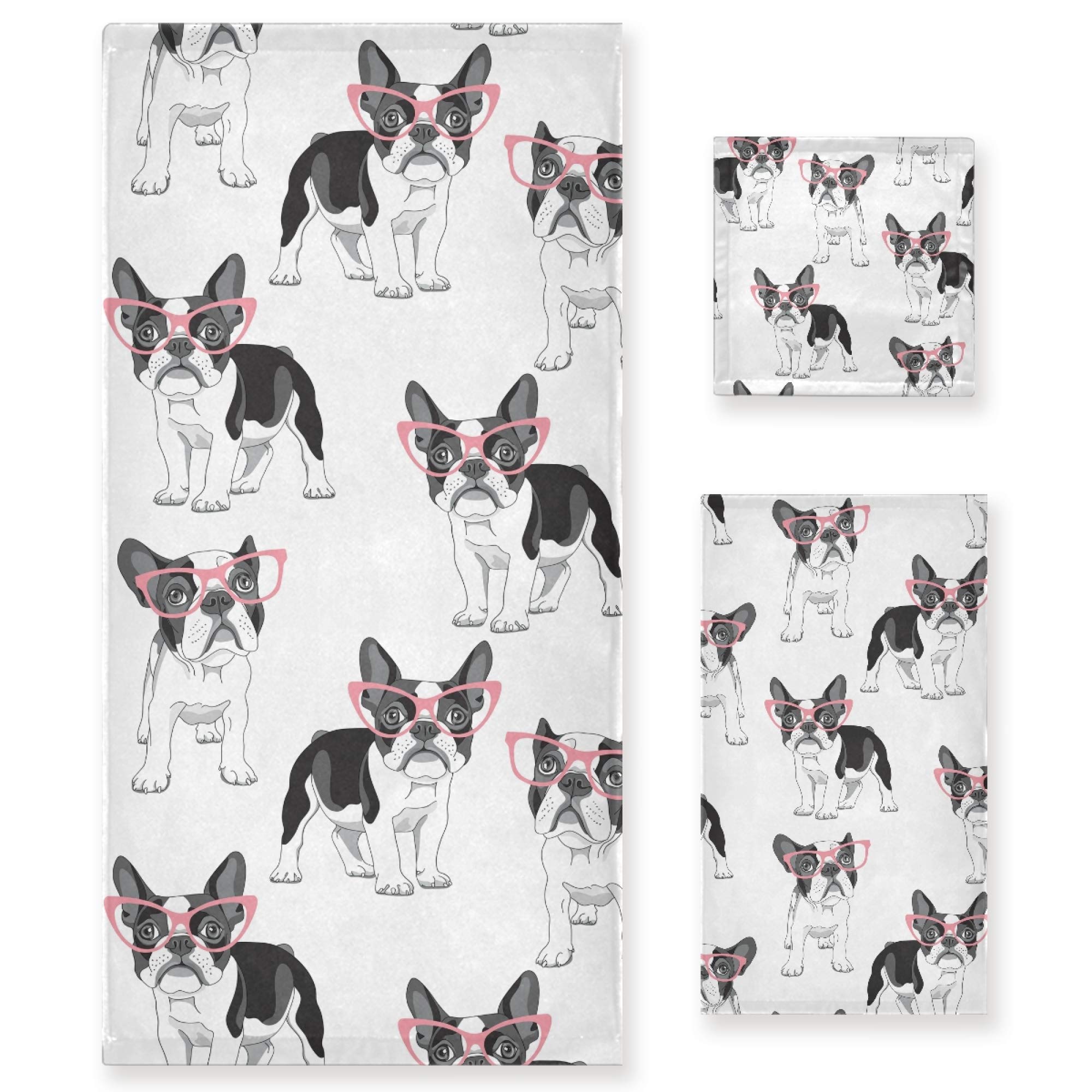 Premium 3-Piece Bath Towel Set with Cute Cartoon French Bulldog Design - 1 Bath Towel, 1 Hand Towel, 1 Washcloth - Super Absorbent & Quick-Drying Cotton Towels for Bathroom, Spa, Gym & Beach Use