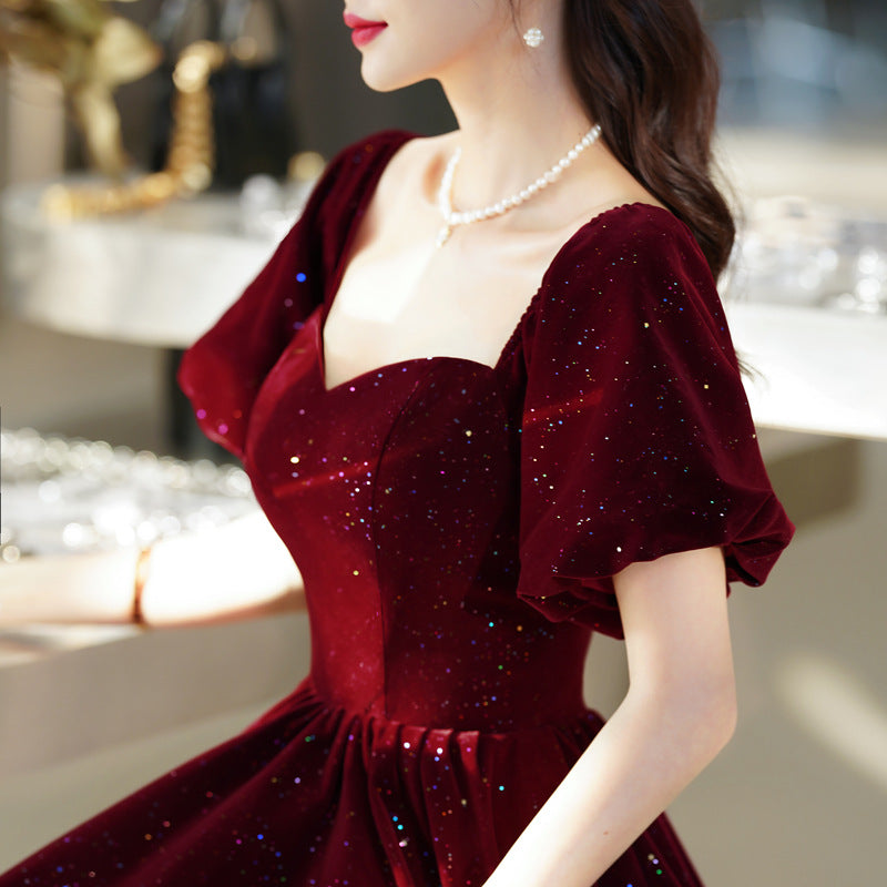 Elegant A-Line Burgundy Velvet Prom Dress - Shiny Formal Evening Gown for Homecoming, Ball & Special Occasions | Women's Party Dress 546