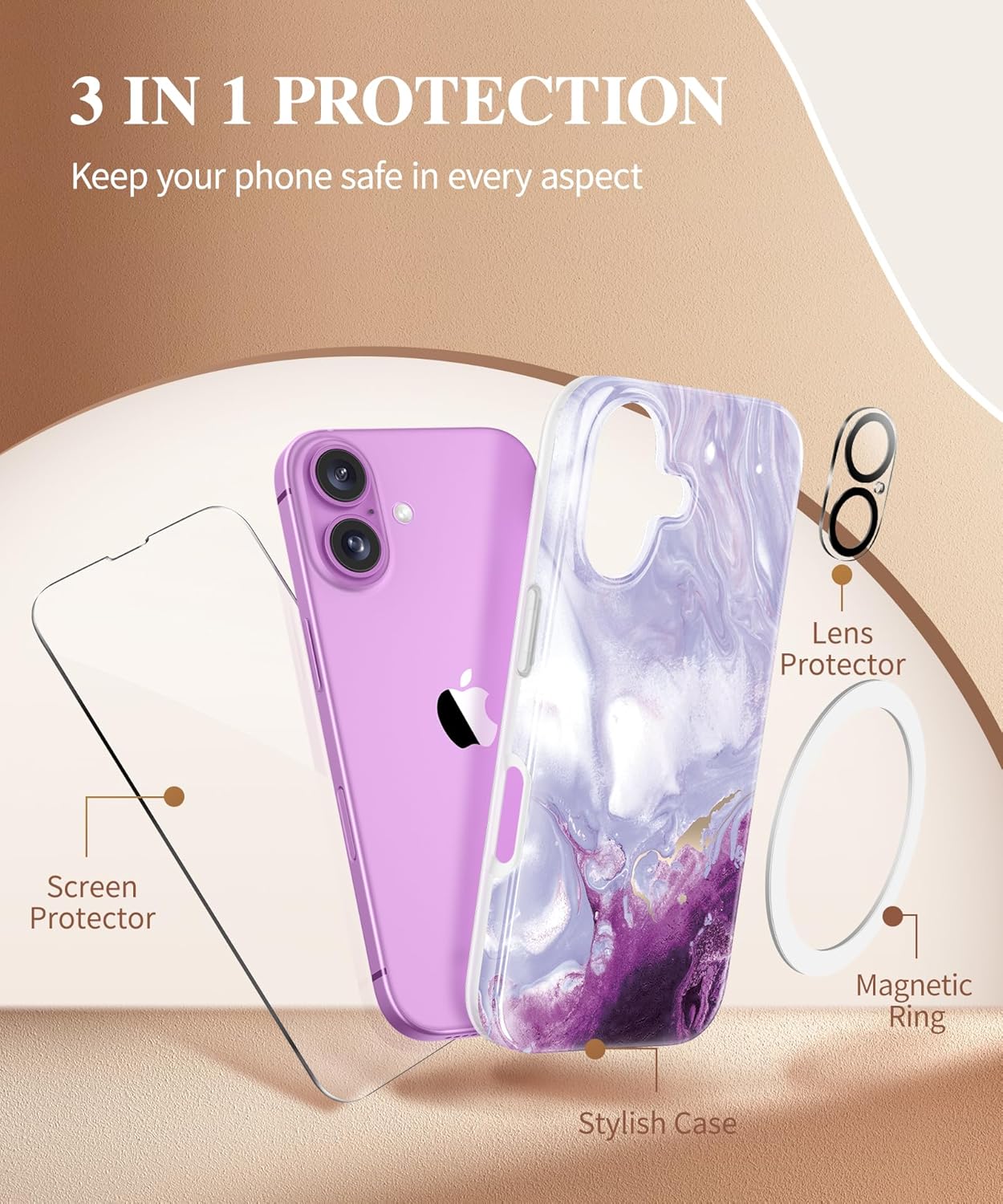 iPhone 16 Case with Screen Protector & Camera Lens Cover - Slim Shockproof TPU Bumper Protective Phone Cover for Everyday Use, Travel & Outdoor Activities
