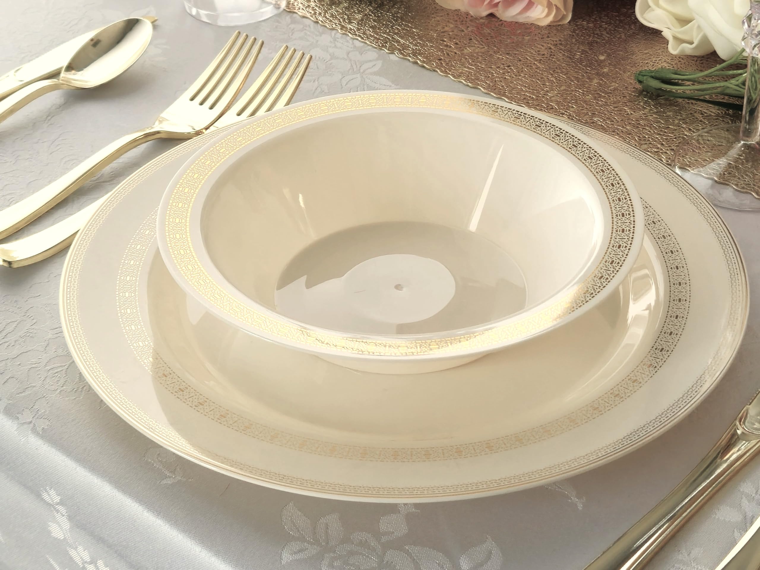 240-Pack Heavyweight Disposable Plastic Plates for Weddings & Parties - 6.25'' Elegant Ivory & Gold Lace Dessert/Bread Plates - Perfect for Birthday Celebrations, Bridal Showers, Baby Showers & Formal Events