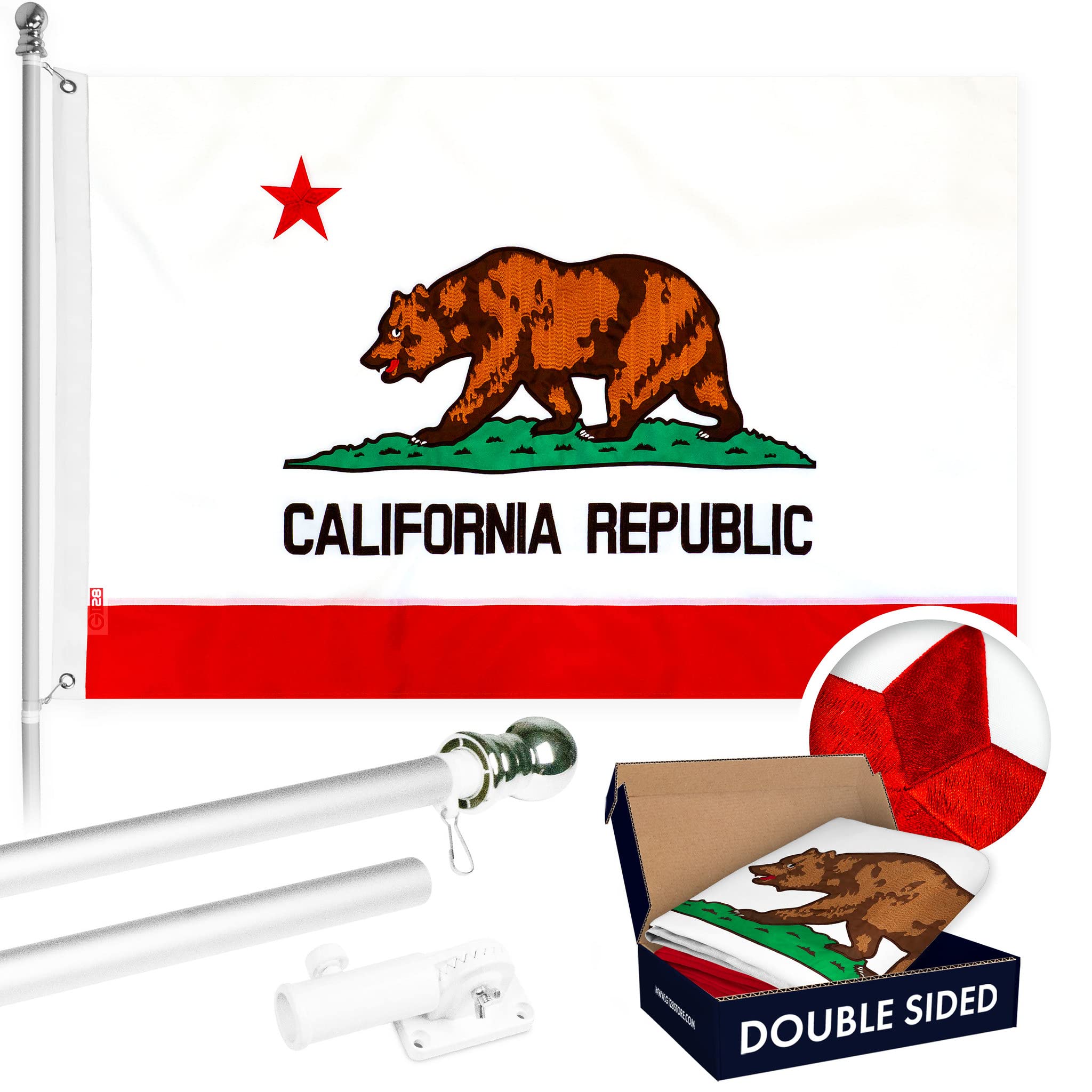 5ft Spinning Flagpole with California Flag - Silver Aluminum Pole, Double Sided Brass Grommets, 2x3ft Embroidered Flag Included | Perfect for Home, Garden, and Patriotic Decor