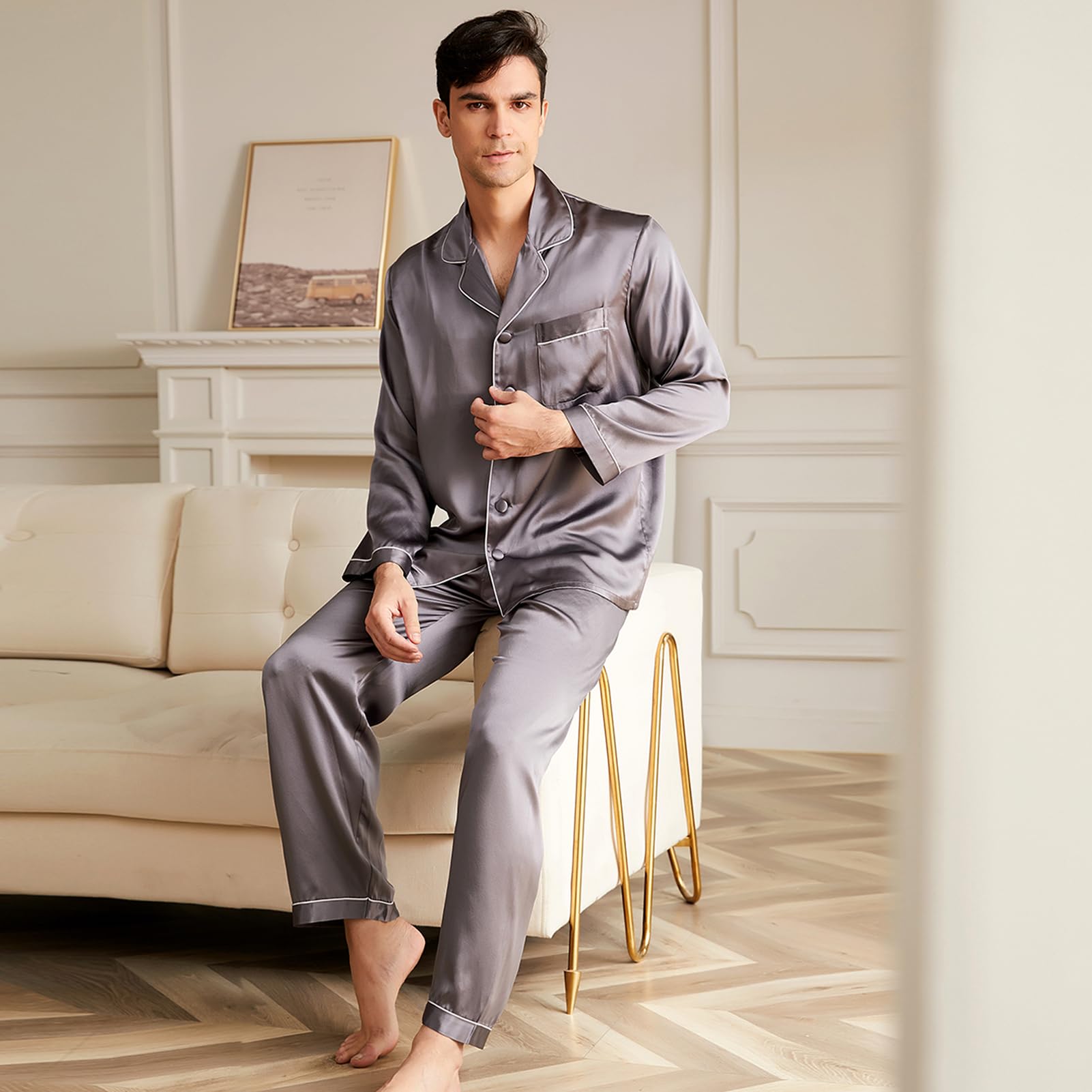 Luxury 19 Momme Mulberry Silk Pajama Set for Men - 2 Piece Long Sleeve Silk Pajamas, Lightweight & Breathable Sleepwear - Perfect for Relaxation, Lounging & Gift Giving