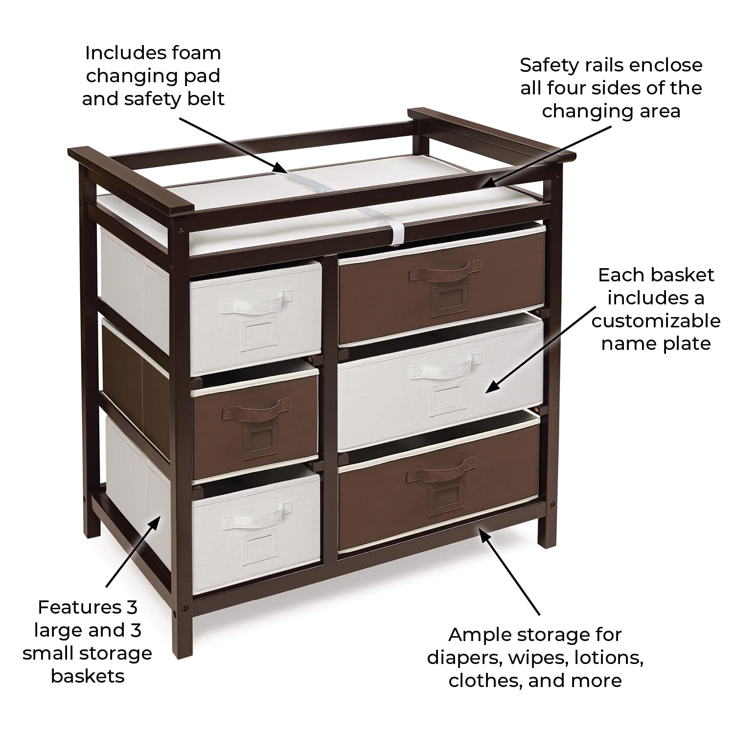 Modern Baby Changing Table with 6 Storage Drawers & Changing Pad - Espresso Finish Diaper Station | Nursery Organization for Newborns & Toddlers | Perfect for Baby Showers & Gender Reveal Gifts