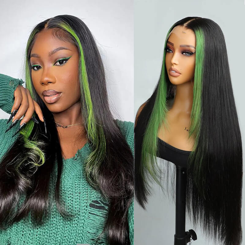 Eullair Green Skunk Stripe Layered Cut Straight Human Hair Wig with Golden Ginger Highlights - Pre Cut Lace Front for Natural Look | Perfect for Cosplay, Halloween, Daily Fashion & Special Occasions