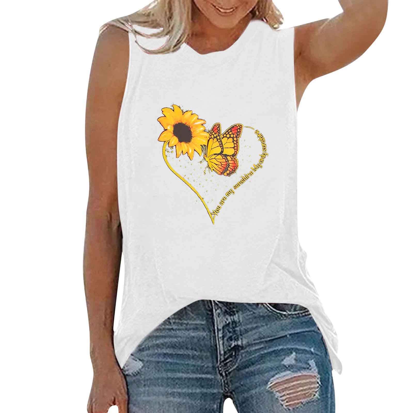 Blekii Women's Graphic Tank Tops - Round Neck Sleeveless Butterfly & Sunflower Print T-Shirts | Summer Casual Tee Tops for Beach, Music Festivals & Outdoor Activities