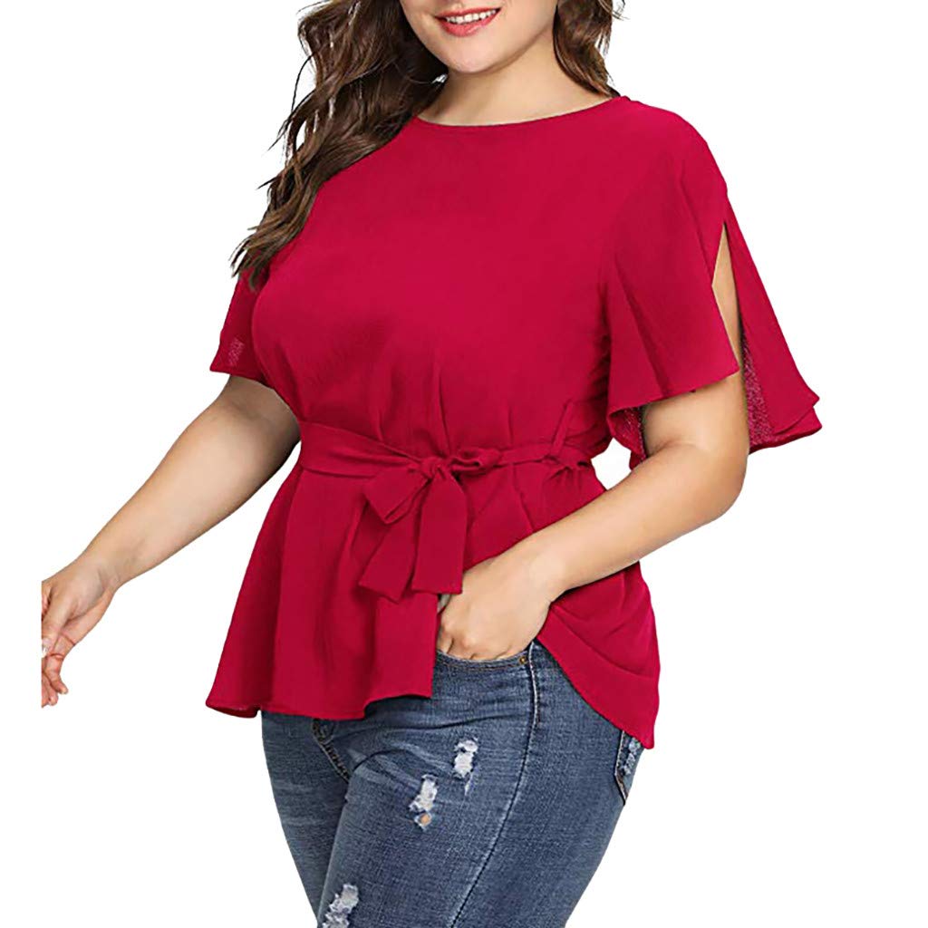 Plus Size Women's Short Sleeve Belted Shirt with Knot Detail - Solid Color Tunic Top for Casual Wear, Office & Summer Outfits