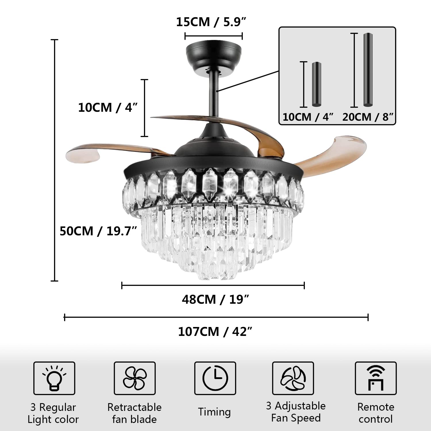 RuiWing 42 Inch Crystal Ceiling Fan with Light, Retractable Blades, Remote Control, 3 Speed & Dimmable LED Chandelier - Perfect for Bedroom, Living Room, Dining Room & Home Decor